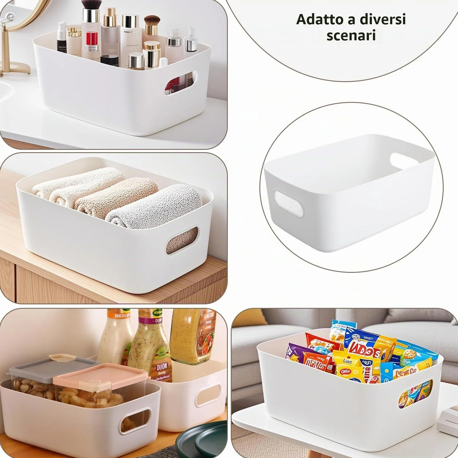 Scatola portaoggetti in plastica 30x20x12cm con manici organizer per cucina bagno Bianco