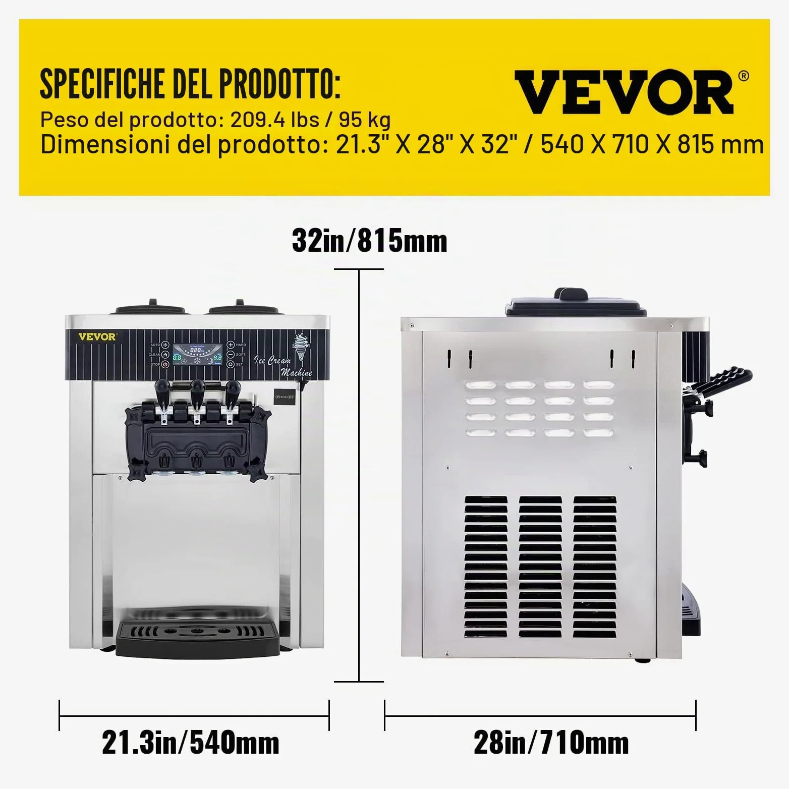 VEVOR Macchina per gelato commerciale da 5,3 a 7,4 galloni all'ora per servire morbido con display a LED Auto Clean 3 sapori perfetta per ristoranti snack bar, 2200 W, argento