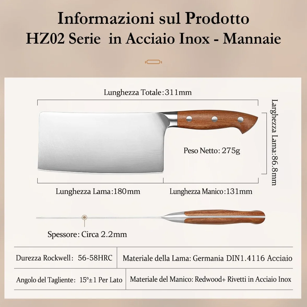 HEZHEN 18cm Mannaia per Carne, Coltello da Chef Cinese, Coltello da Cucina Multifunzionale, Manico in Redwood