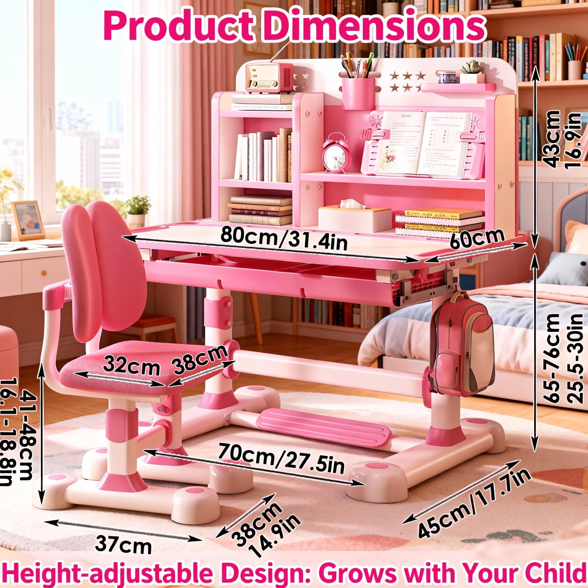 Set di scrivania e sedia regolabile per bambini, rosa, moderno, stile giocoso, 117 cm x 110 cm x 50 cm, scrittura, studio