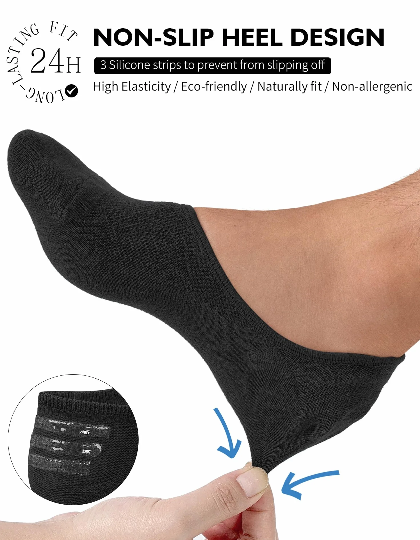CLOSEMATE 6 Paia Calze Fantasmini Uomo in Cotone Invisibili con Silicone Antiscivolo Taglio Basso Nero Bianco