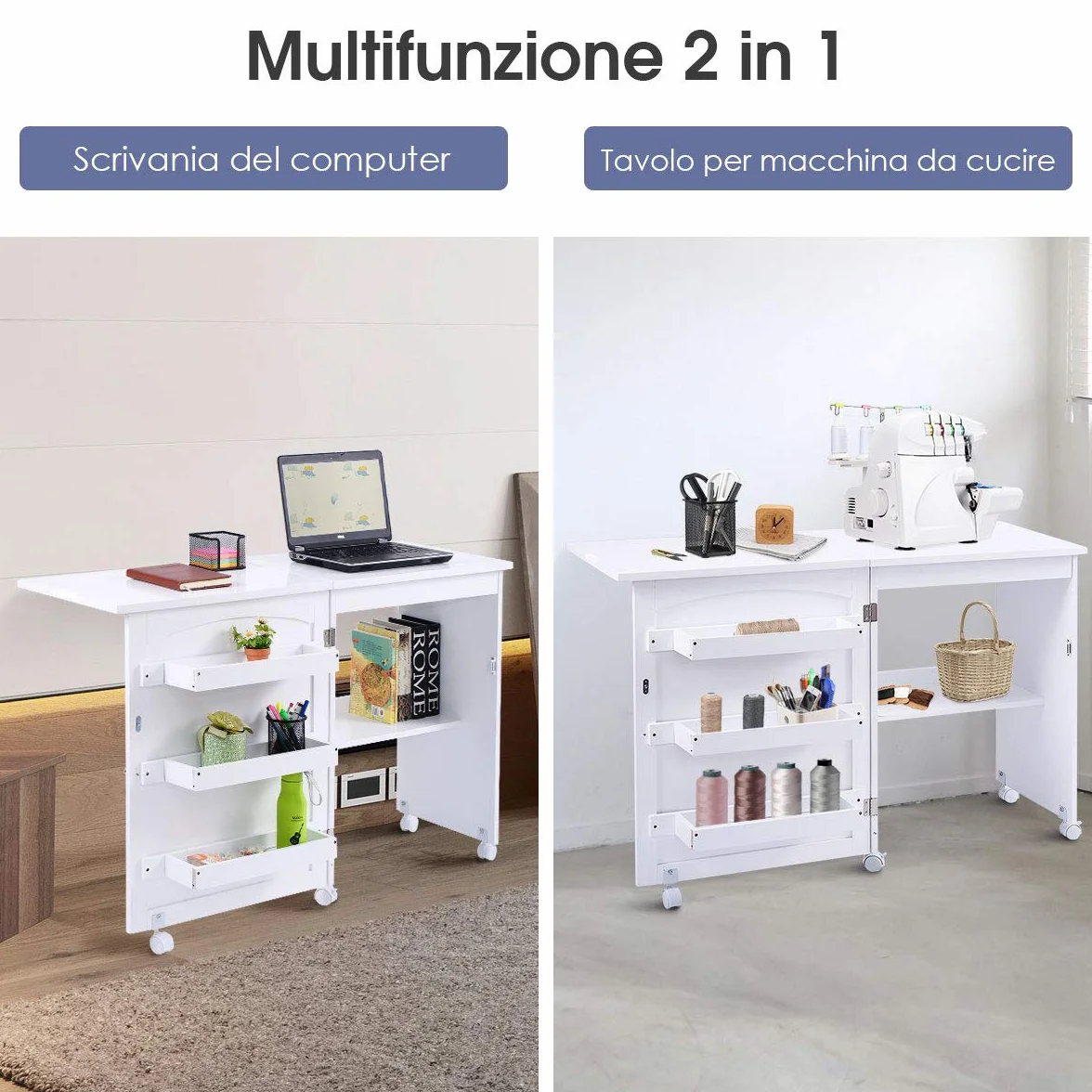GOPLUS Mobiletto Cucito Pieghevole con Mensole e 5 Ruote Armadietto per Cucito Tavolo Allungabile per Macchina da Cucire 117x77x40 cm (Bianco)