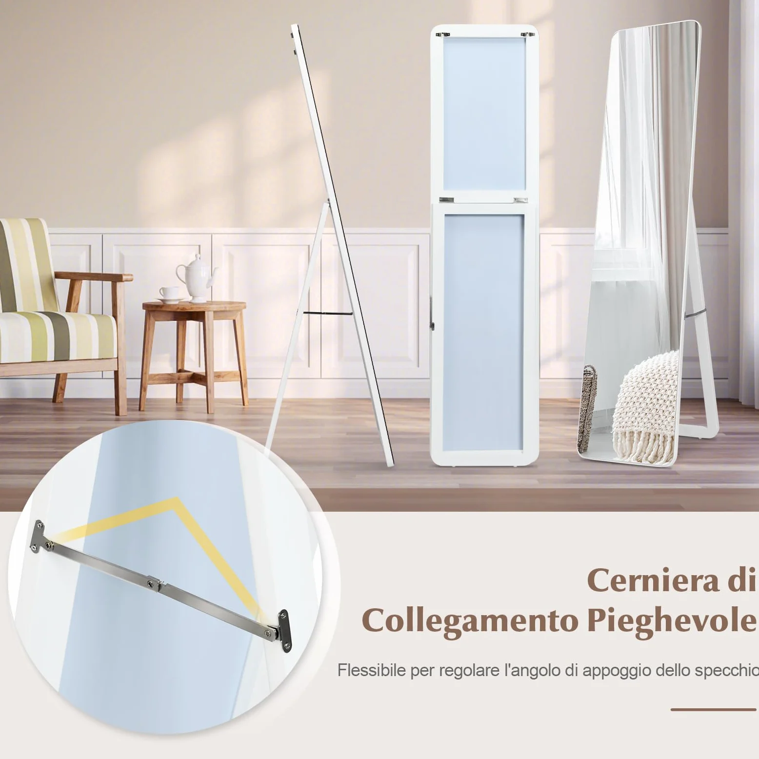 COSTWAY Specchiera da Terra Autoportante a Figura Intera, Specchio Rettangolare, Angolo Regolabile, 2 Metodi di Installazione, Bianco 160x37cm