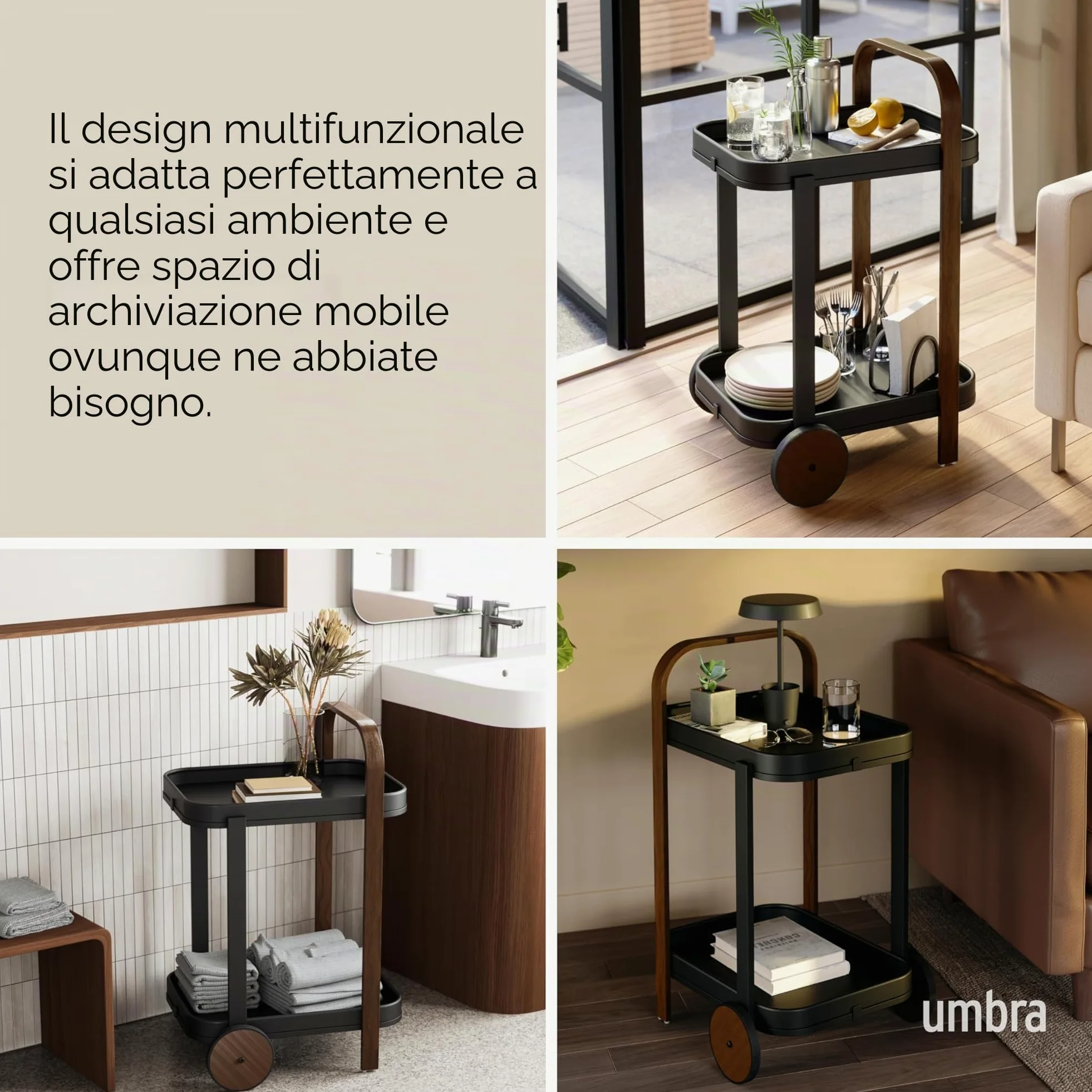 Umbra Bellwood Carrello bar e portavivande, Acciaio, Nero/noce