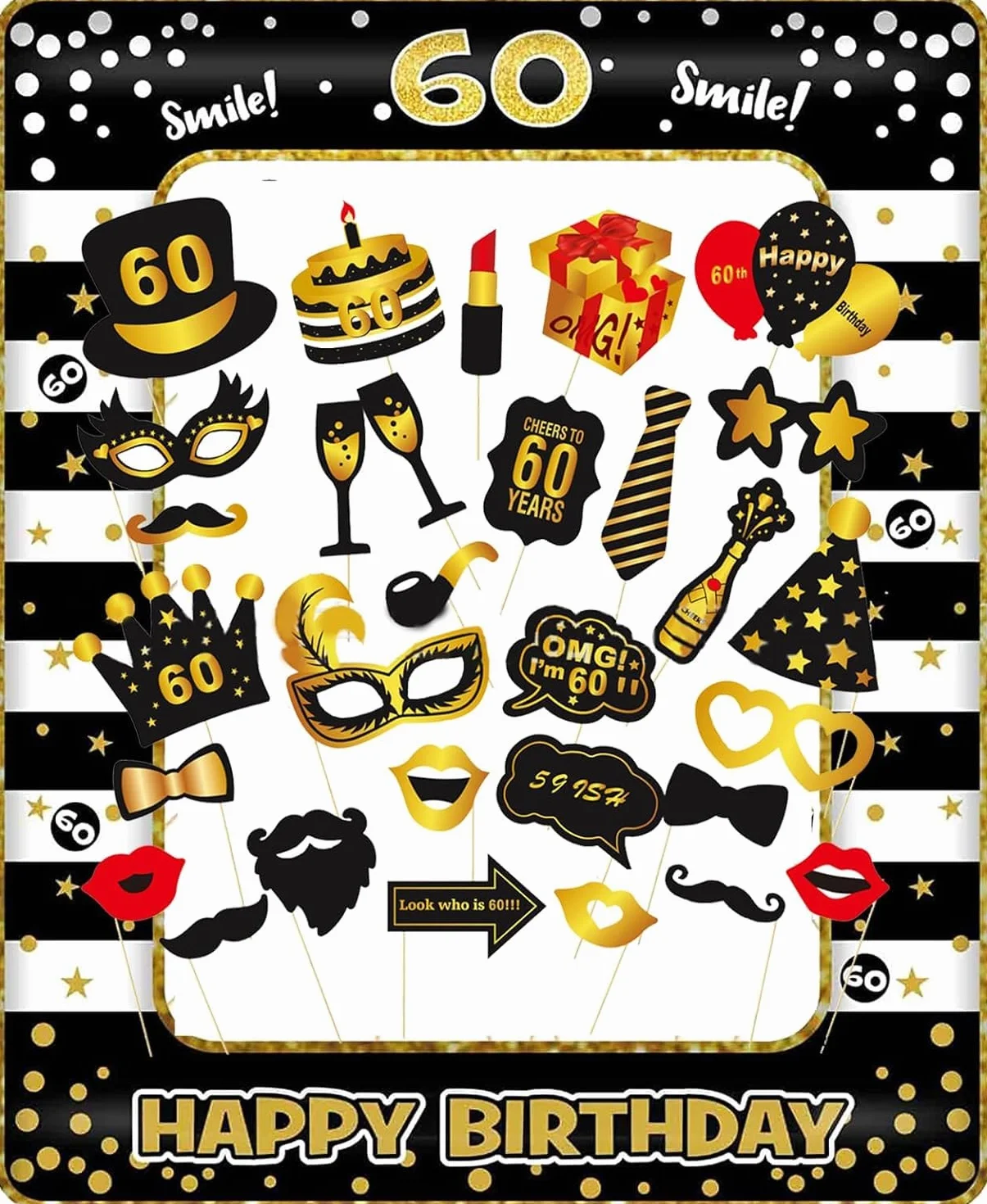 Photo Booth Compleanno Accessori 60 Anni Fai da Te Carta Foto Frame Baffi Occhiali Cappelli