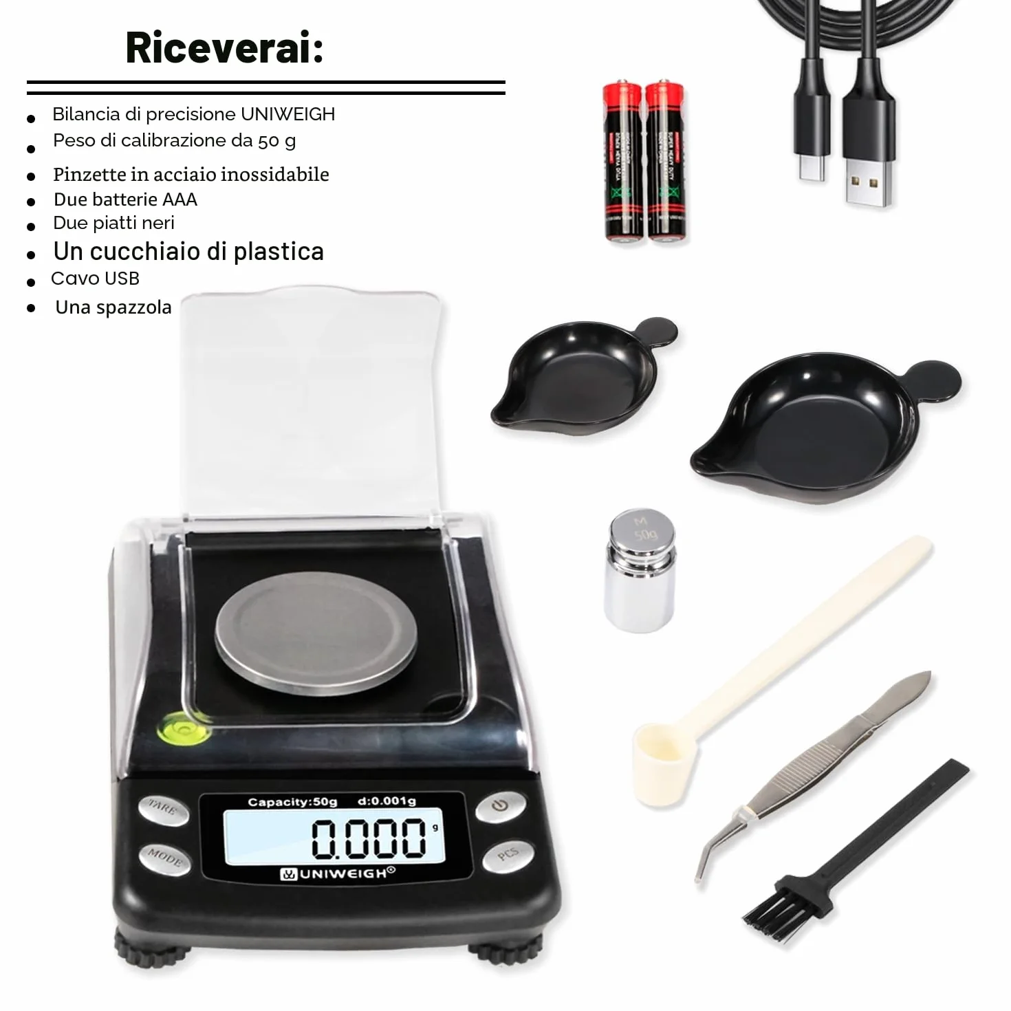 UNIWEIGH Bilancia digitale Milligrammi accurata 0.001g/50g, Bilancia mg di precisione per polvere/oro/gemma,Bilancia Micro Gram con 6 unità,tara,peso Cal,scala tascabile con USB & batteria alimentata