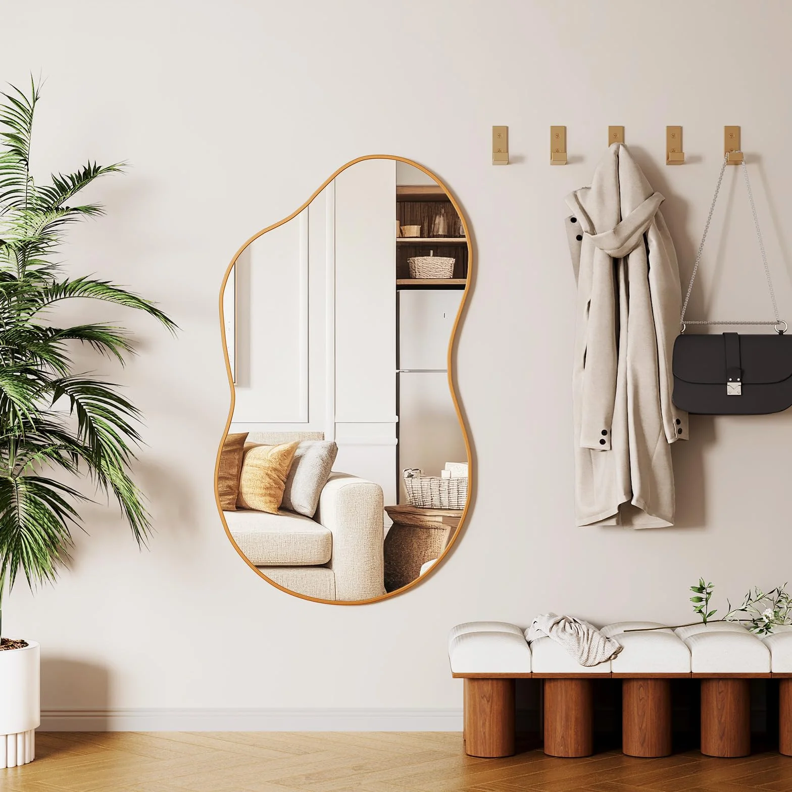 MAMIZO Specchio asimmetrico, 50 x 91 cm, specchio da parete di forma irregolare, vetro temperato, cornice in alluminio, specchio decorativo, specchio da trucco unico, specchio da bagno, oro
