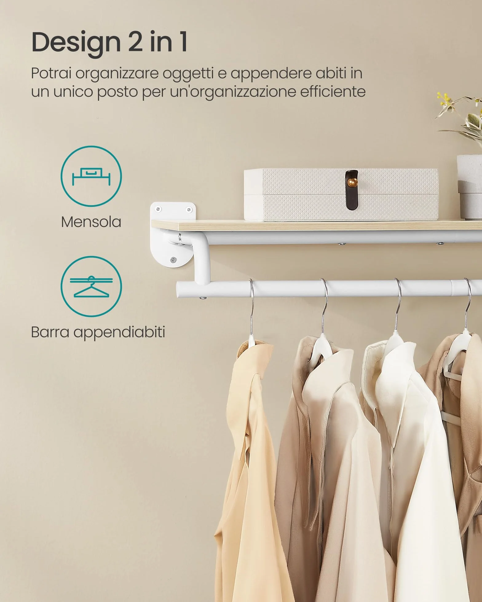 SONGMICS Appendiabiti da Parete, Barra Appendiabiti con Mensola da Muro, Portata Totale 35 kg, 28 x 109 x 13,2 cm, Camera da Letto Cabina Armadio, Beige Naturale e Bianco Nuvola HSR135W01