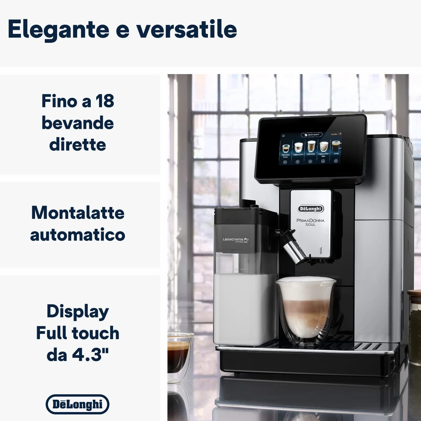 De’Longhi PrimaDonna Soul – Perfetto Macchina da Caffè Automatica, LatteCrema Montalatte Automatico, 18 Bevande in un Solo Tocco, Display Full-Touch, Argento e Nero (ECAM612.55.SB)