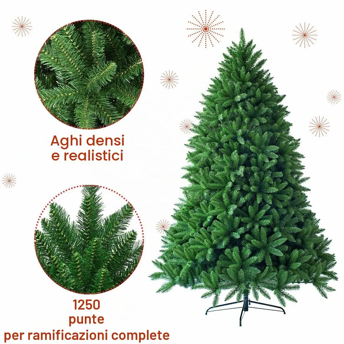 FANTASK - Albero di Natale artificiale, albero in PVC con sistema pieghevole, aghi in PVC con supporto in metallo, ideale per Natale, albero di Natale perfetto per casa, ufficio, negozio (180 cm)