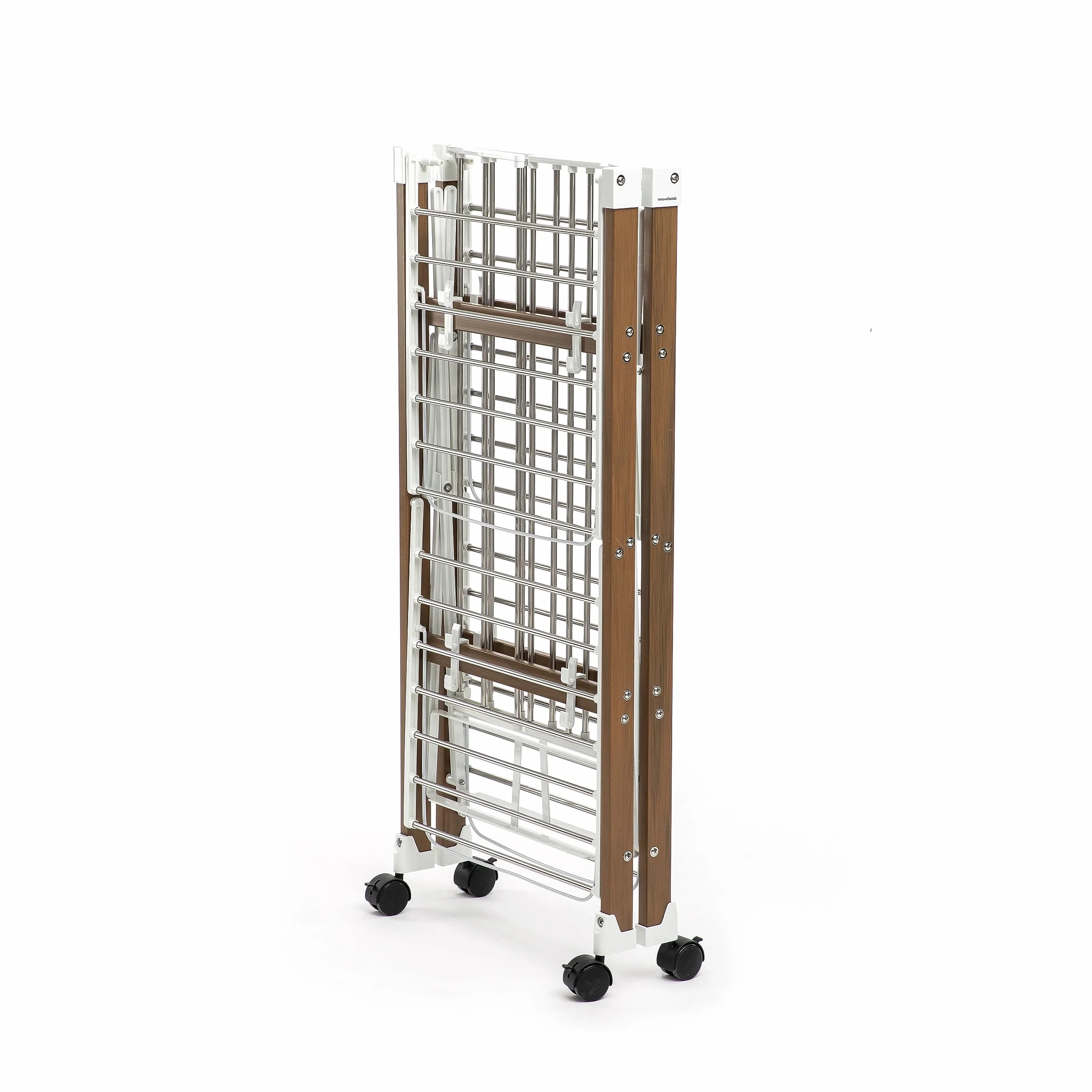 InnovaGoods Stendibiancheria Verticale Pieghevole - 38 Sbarre, Capacità Elevata, Salvaspazio, ABS/Acciaio Inox, Supporto Scarpe, Ruote con Blocco, Bianco