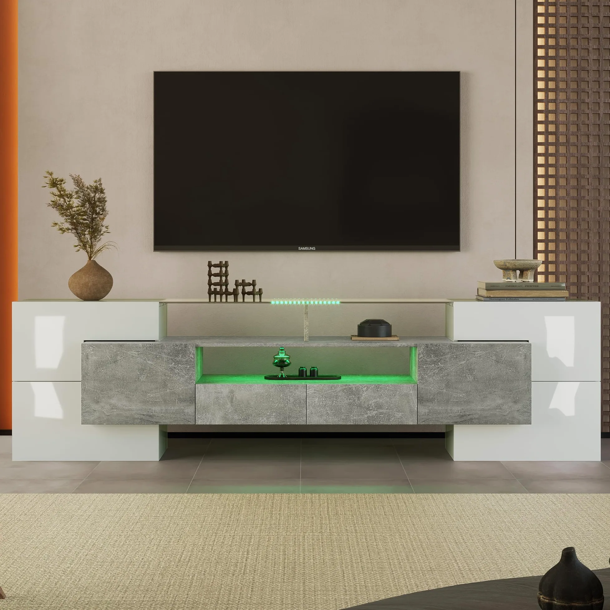 Mobile elegante per TV, Lowboard. 200 cm, illuminazione a LED, mobili per soggiorno. Design moderno. Elegante superficie in vetro. (Bianco lucido e cemento + MDF)