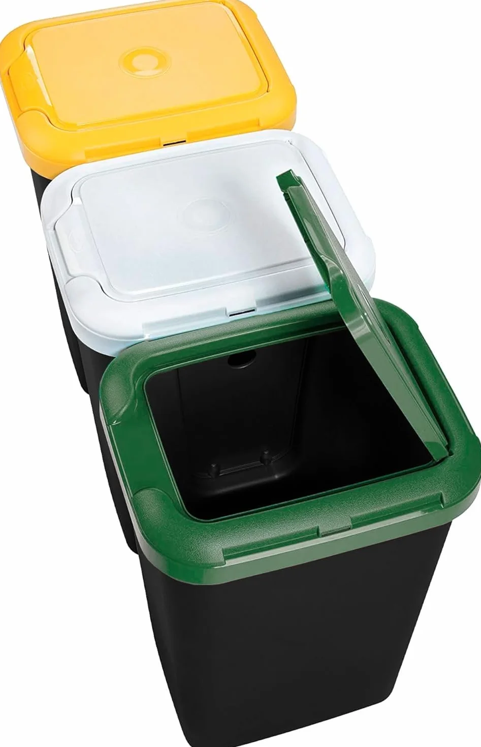 Set 3 Bidoni per il Riciclaggio 75 litri Totali 3x25 lt Struttura Unica in Plastica 78,5x32px47,4h cm Base Nera 3 Coperchi, Giallo, Bianco, Verde + Etichette Adesive per Differenziare