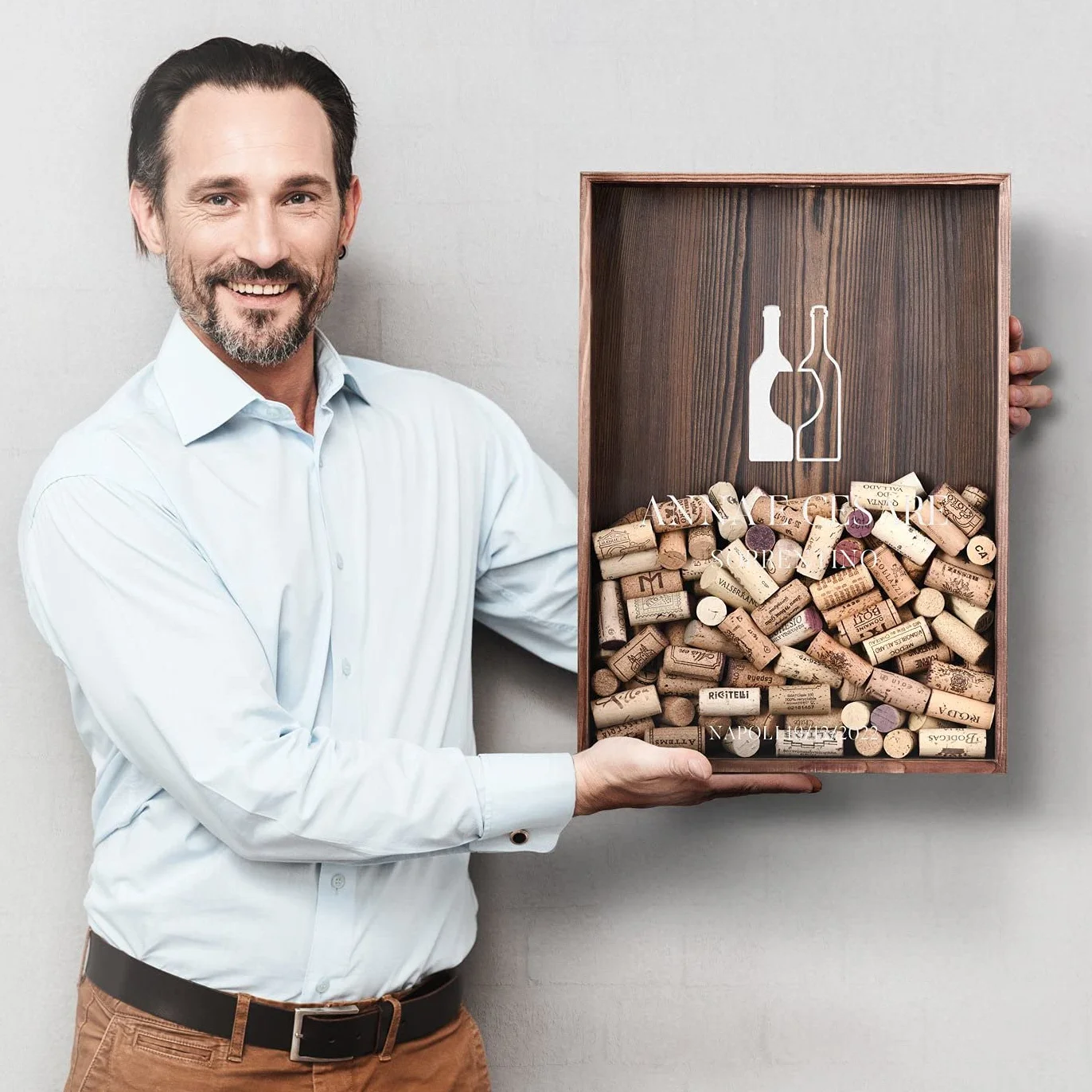 Maverton Raccogli tappi di sughero o birra - con stampa personalizzata - in legno - cavatappi per vino e birra con un coltellino - scatola porta tappi - idee regalo - regalo di Natale - infinito