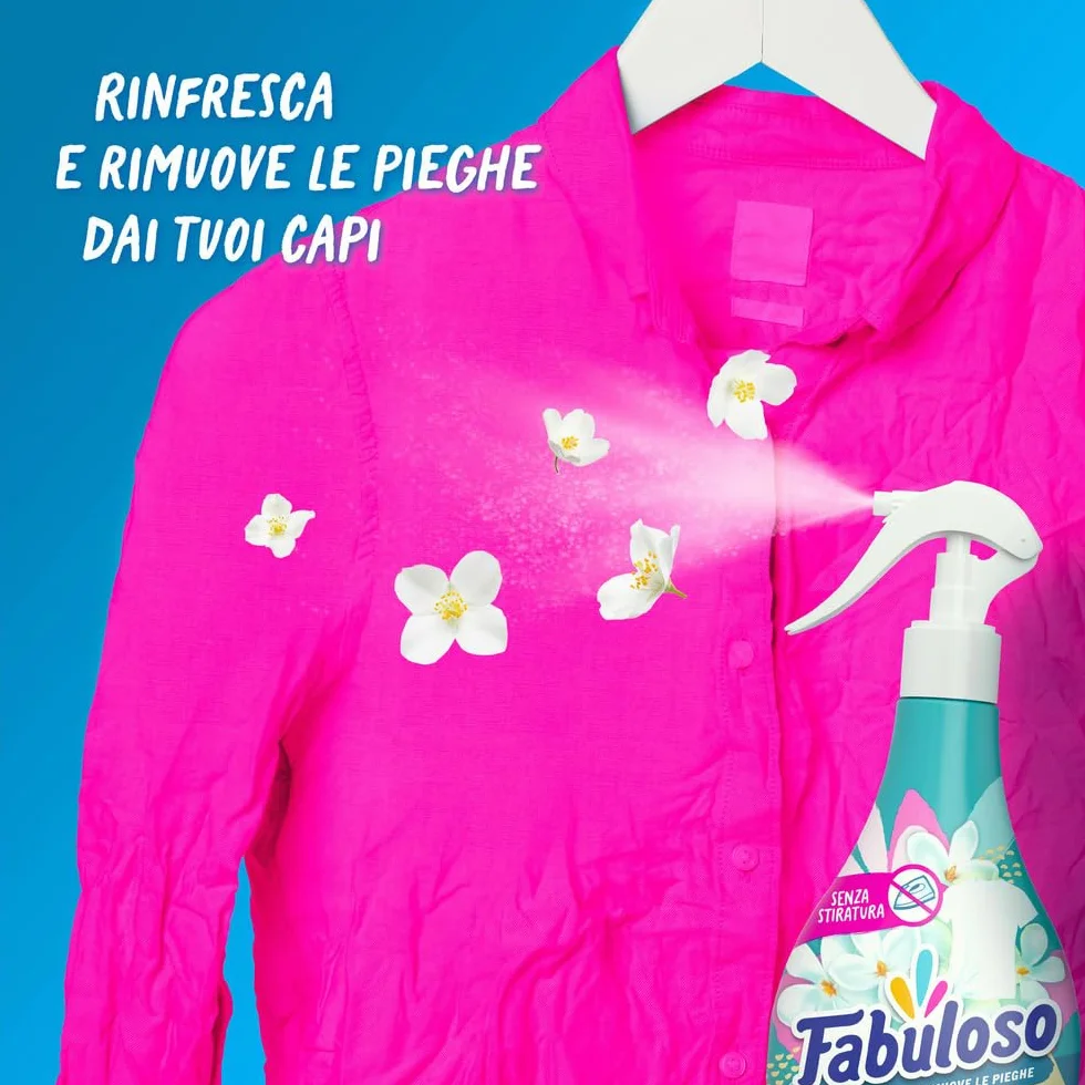 Fabuloso Spray per Tessuti Rinfresca e Rimuove Le Pieghe 250 ml, Elimina Le Pieghe, Rinfresca i Capi, Non Macchia i Tessuti Classici, Dermatologicamente Testato