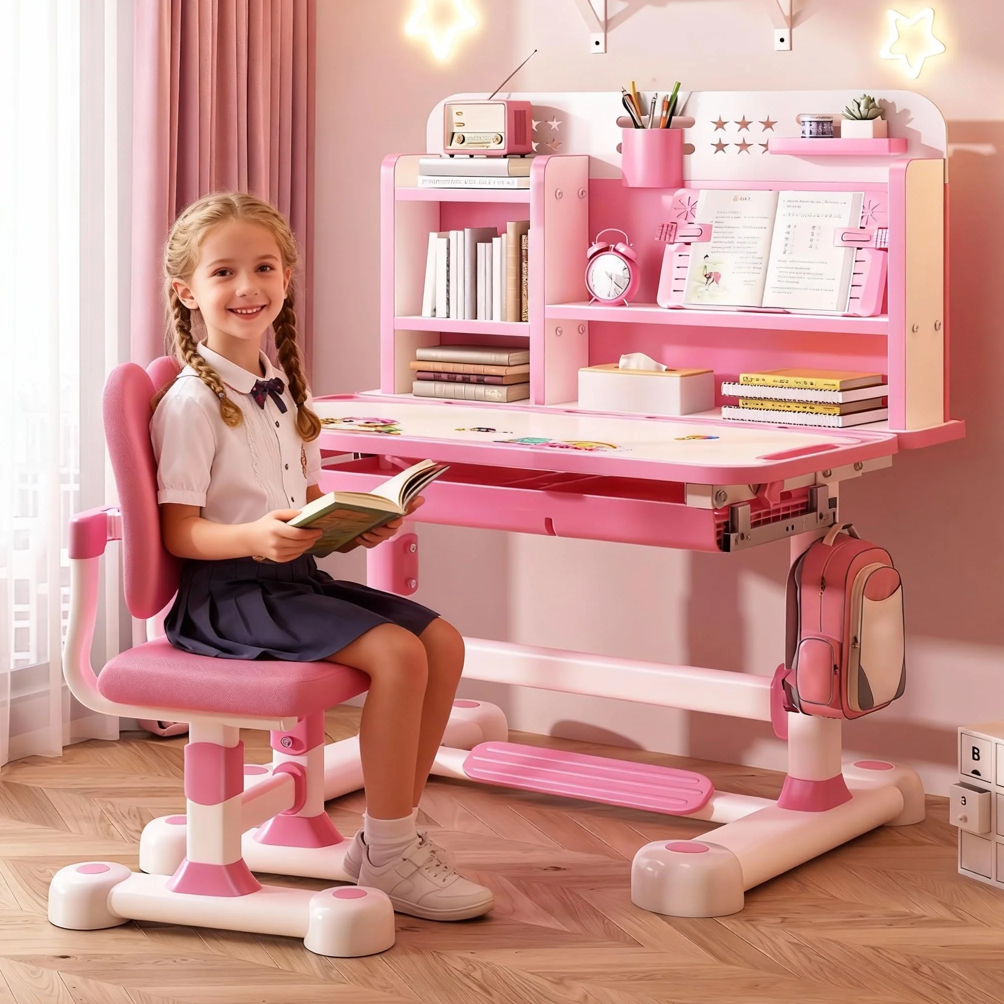 Set di scrivania e sedia regolabile per bambini, rosa, moderno, stile giocoso, 117 cm x 110 cm x 50 cm, scrittura, studio
