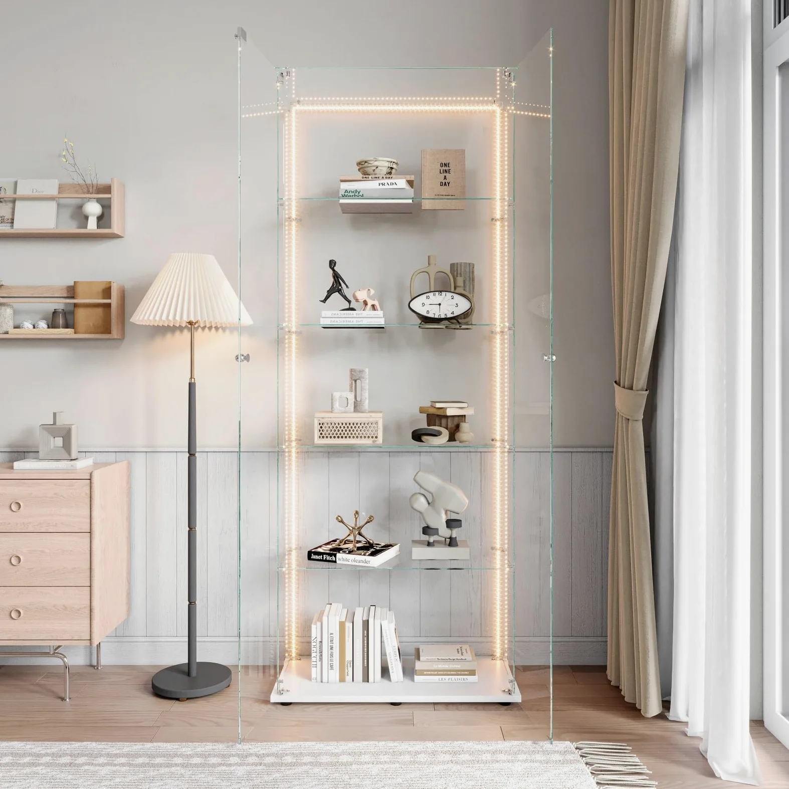 BestAlice Vetrina in vetro, armadietto da collezione con striscia luminosa a LED e lucchetto, armadietto con 2 ante, 5 ripiani, cassetta di presentazione, mobili trasparenti, per soggiorno, bar