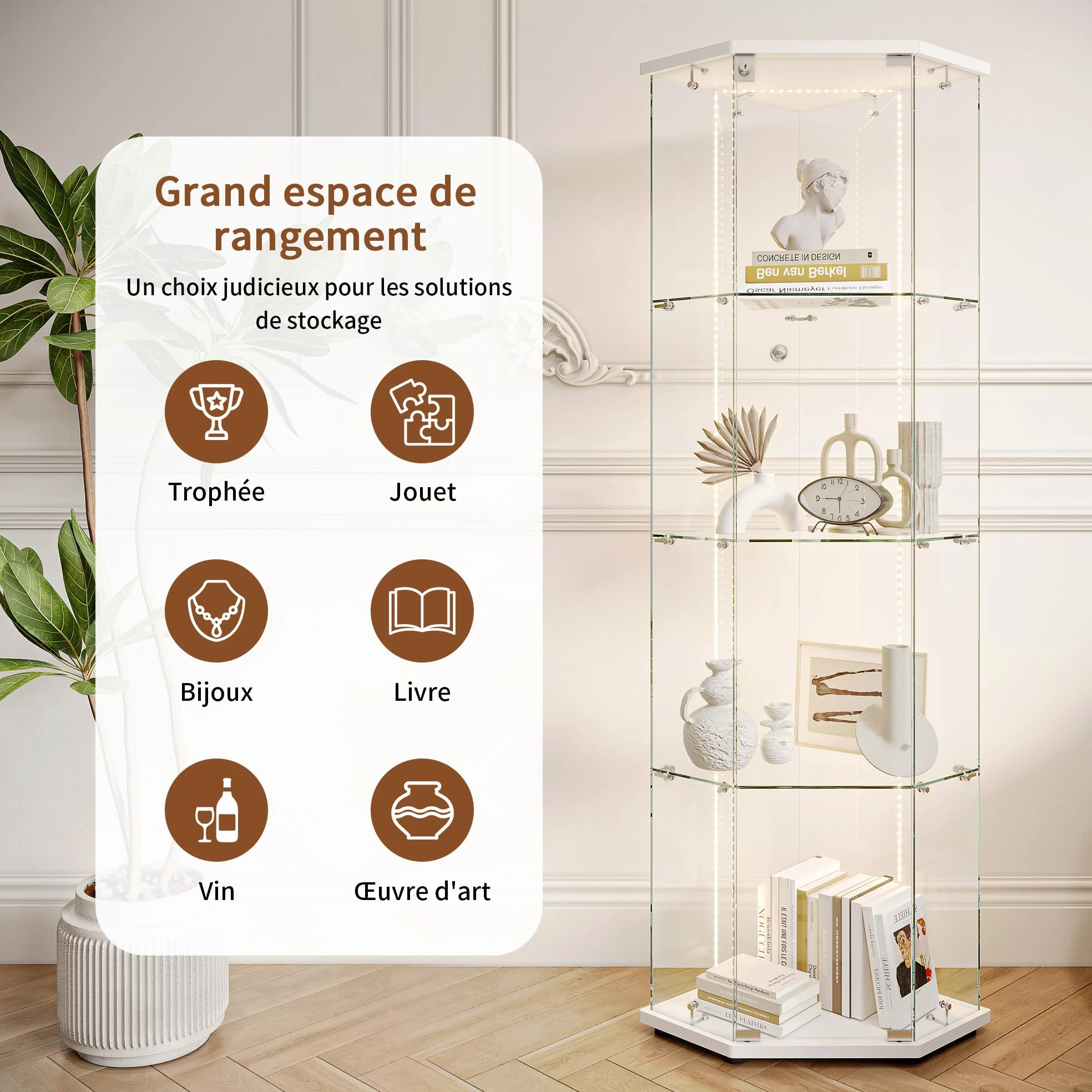 Vetrina angolare in vetro, vetrina su base in vetro LED, 4 ripiani 1 anta con porta, mobile vetrina in vetro con porta e serratura armadio vetrine a cinque angoli 162 x 60 x 35 cm (1 porta 4 strati