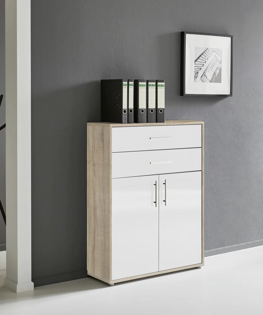 BMG Möbel Office Edition Set 22, armadietto da ufficio con serratura con manici in metallo, prodotto in Germania (rovere Sonoma/bianco lucido)