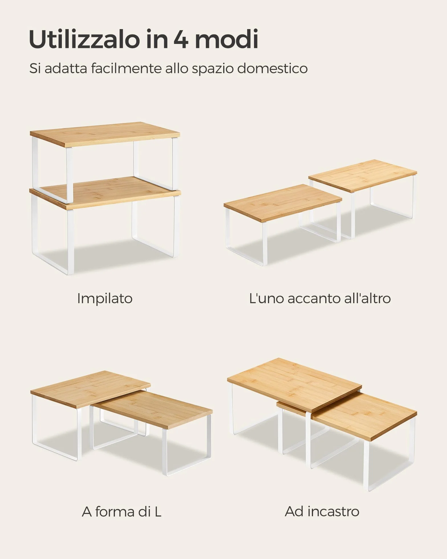 SONGMICS Scaffale Portaspezie, Set di 2 Organizzatori da Cucina Espandibili, Impilabile, Metallo e Legno, Bianco e Beige KCS02NW