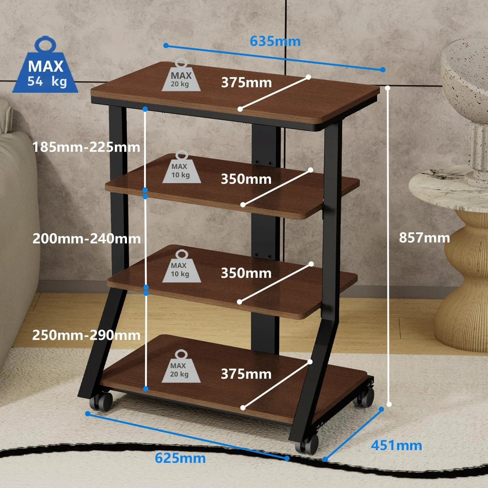 5Rcom Rack e supporti HiFi Audio Rack Armadio AV Mensola Movimento Stand 4 Ripiani in legno per Giradischi Lettore DVD Unità di intrattenimento Multifunzionale Altezza Regolabile Capacità di carico 54