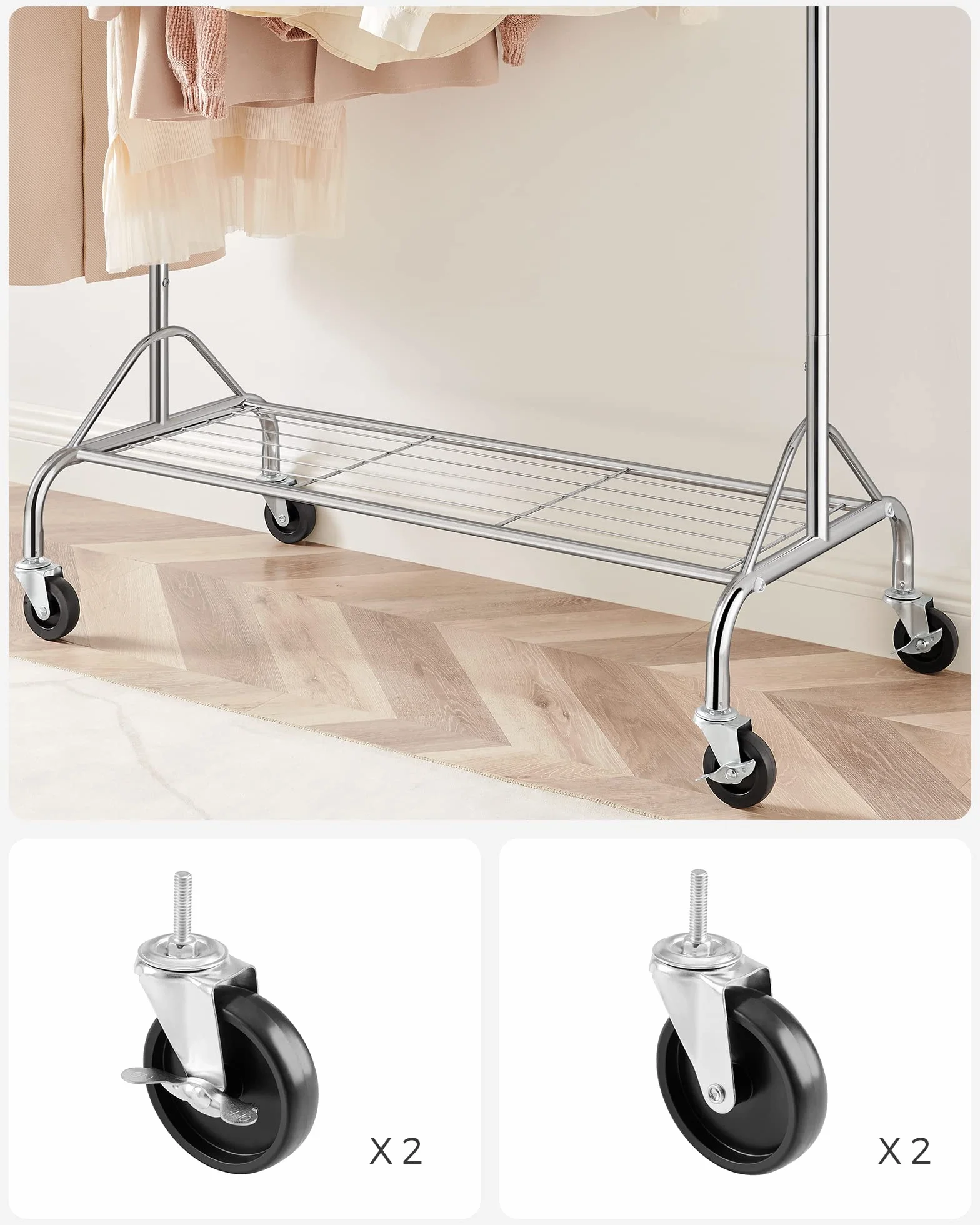SONGMICS Appendiabiti in Metallo Cromato con Ruote, Portata 50 kg, 110,5-150,5 x 160 x 48,5 cm HSR02S