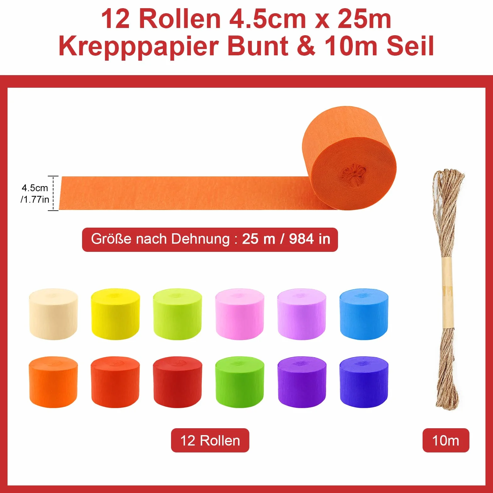 Nadinsta 12 Rotoli Nastro Carta Crespata 4,5 Cm x 25 m Carta Crespa Colorata Decorativa Stelle Filanti