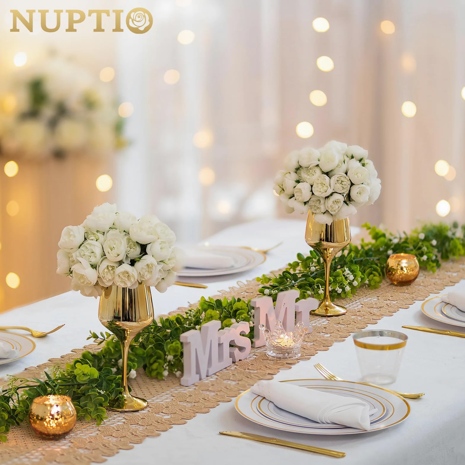 NUPTIO Piccolo Vaso di Vetro con Fiori: 2 Set 21cm Vasi D'oro con Fiori Artificiali Bianchi per Centrotavola Matrimonio, Finta Peonia Composizione Bouquet per Festa Compleanno Decorazioni per Casa