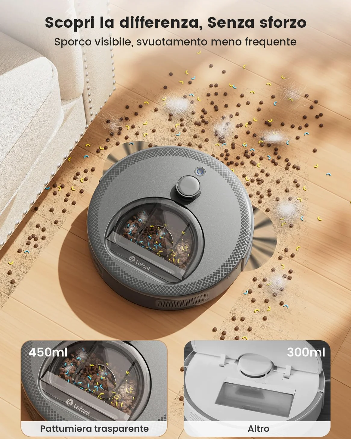 Lefant M330 Robot Aspirapolvere Lavapavimenti con Mappatura, 5000Pa, Navigazione Laser dTOF, Evitamento Ostacoli PSD, 150min Autonomia, WiFi 2.4G/5G, Alexa, per Peli Animali e Pavimenti Misti, Grigio