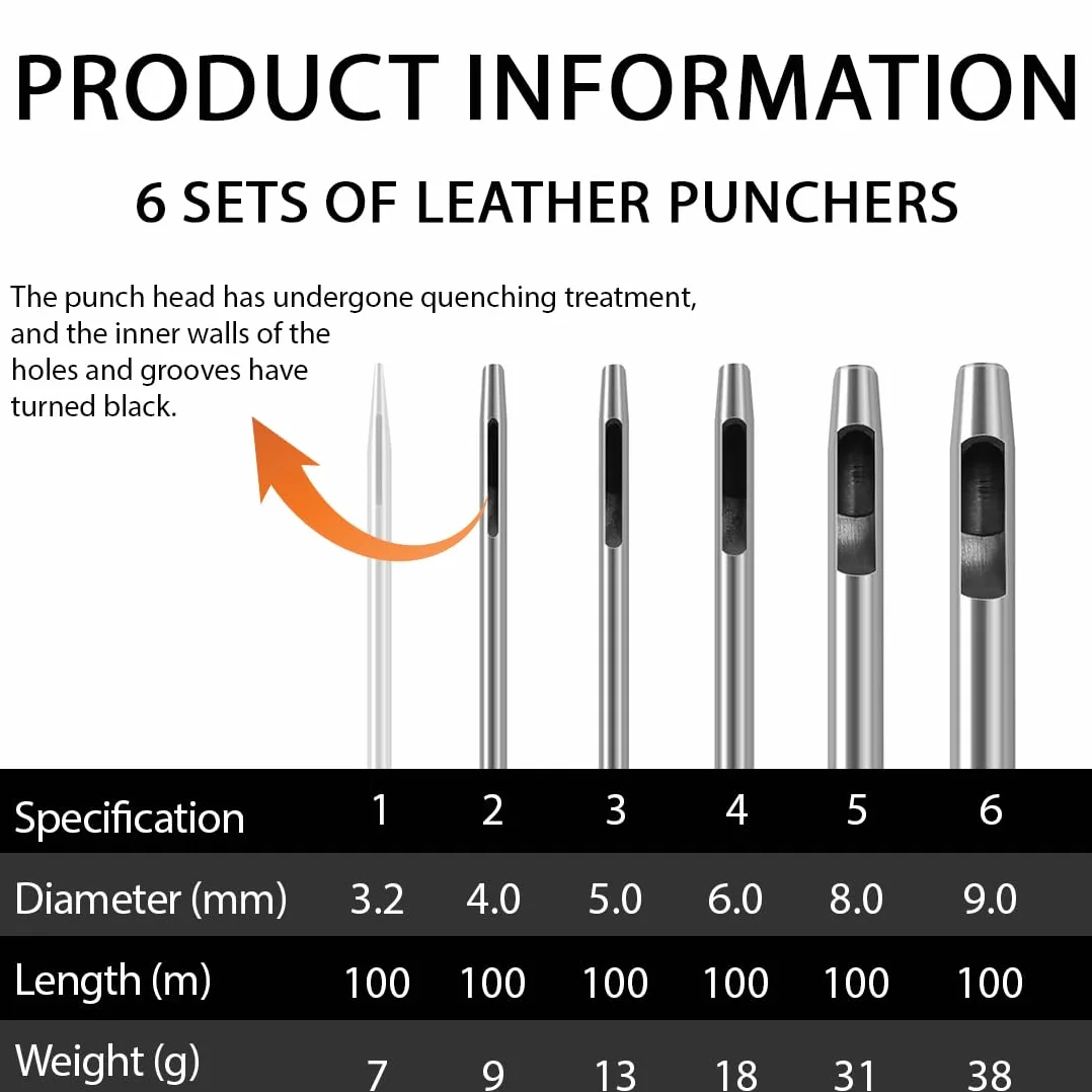 6 Pezzi di Perforatori in Cuoio, Set di Punzoni da 1 mm - 6 mm di Perforatrice in Cuoio con Foro Professionale, Punzone in Pelle per Cintura Cinturino per Orologio Fare Fori Cintura