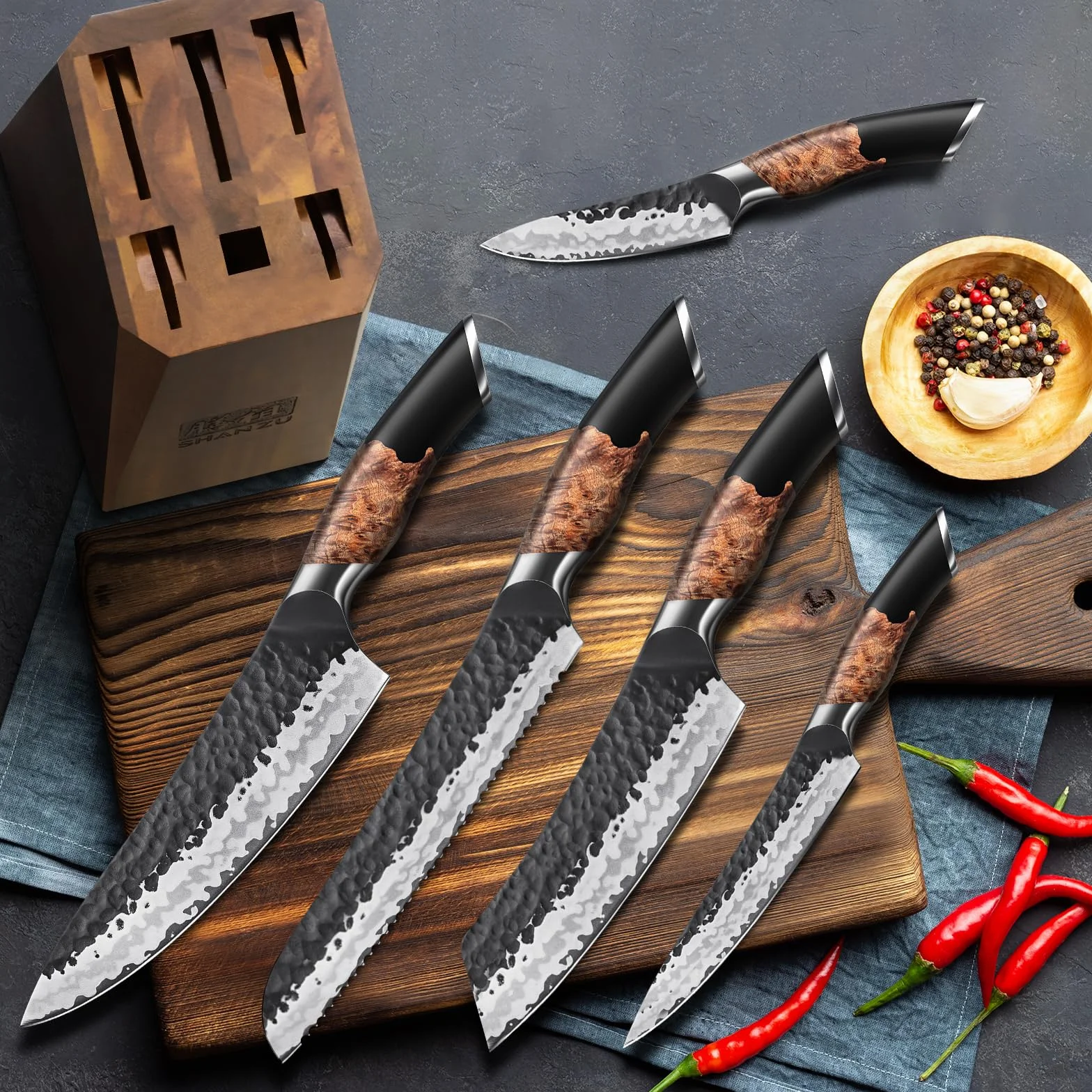 SHAN ZU Set di Coltelli da Cucina Forgiati a Mano,Set di Coltelli Giapponesi da 7 Pezzi con Ceppo Coltelli,Coltello da Chef in Acciaio 10Cr15MOV (7 Strati),Manico in Legno di Acero