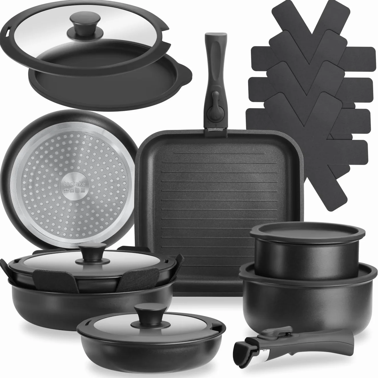 tectake®, Set di pentole 17 pezzi, set pentole induzione anche per pianio a gas ed elettrici, pentola per pasta, antiaderenti, manici removibili - 2 Padelle, 1 Padella Grill, 2 Pentola Pot, 4 Coperchi