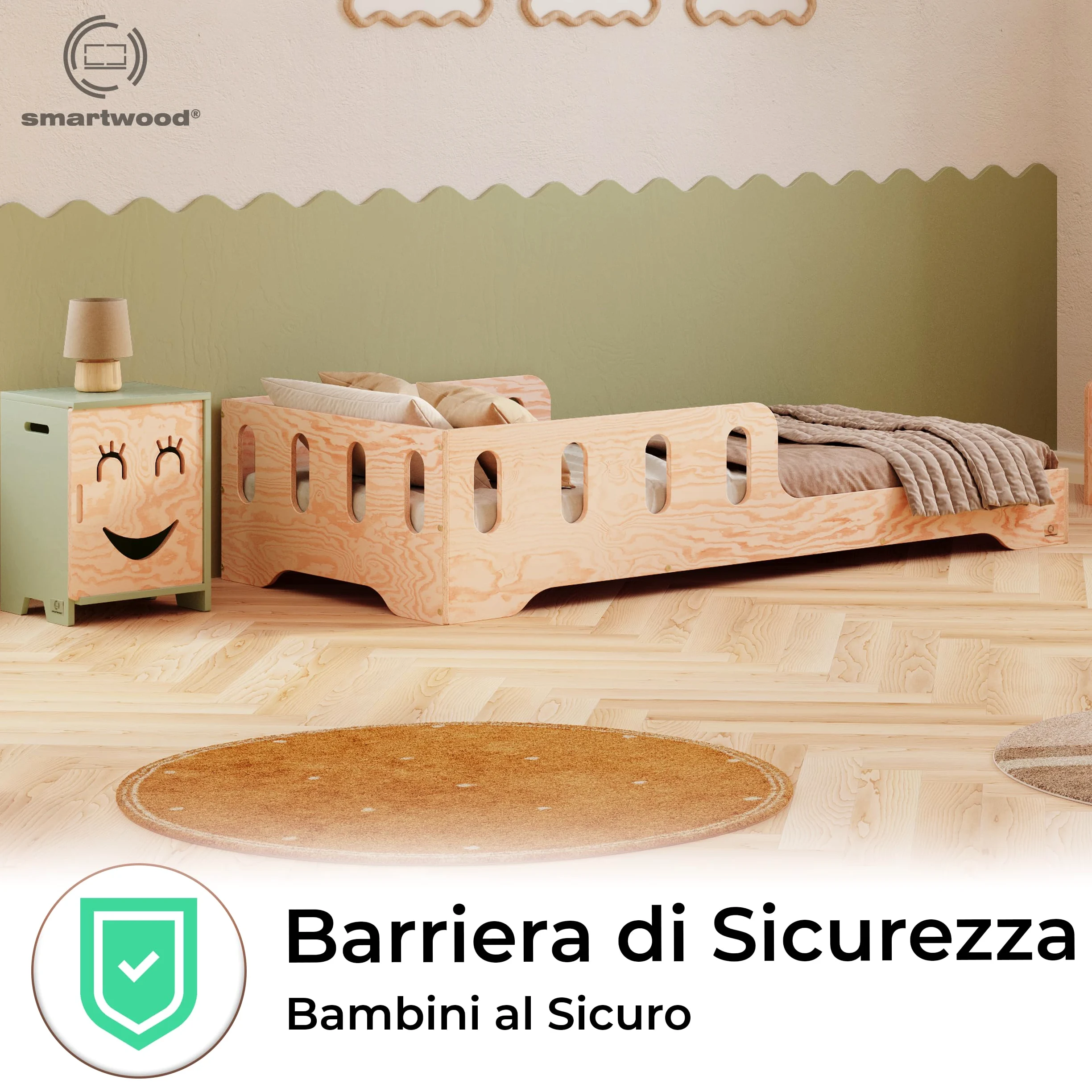 smartwood Letto Montessori Bambini 80x160 cm - Letto Singolo in Legno FSC con Sponda Anticaduta e Doghe Flessibili, portata 230 kg - Per Bambino e Bambina - Montaggio semplice TILA6