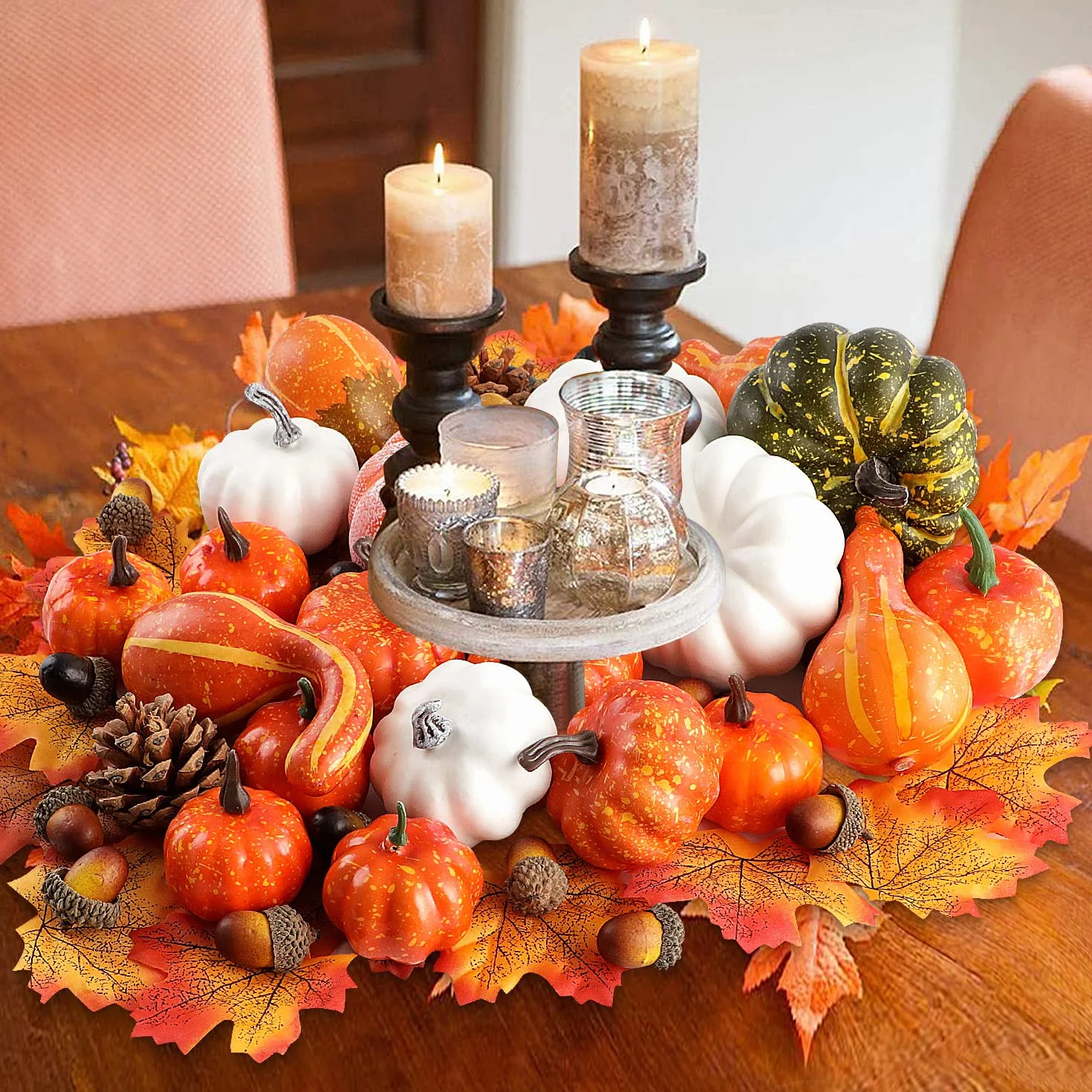 Benjia 102 Pezzi Set Decorazioni Zucche Autunno Artificiali Foglie Acero Pigne Ghiande Halloween Ringraziamento