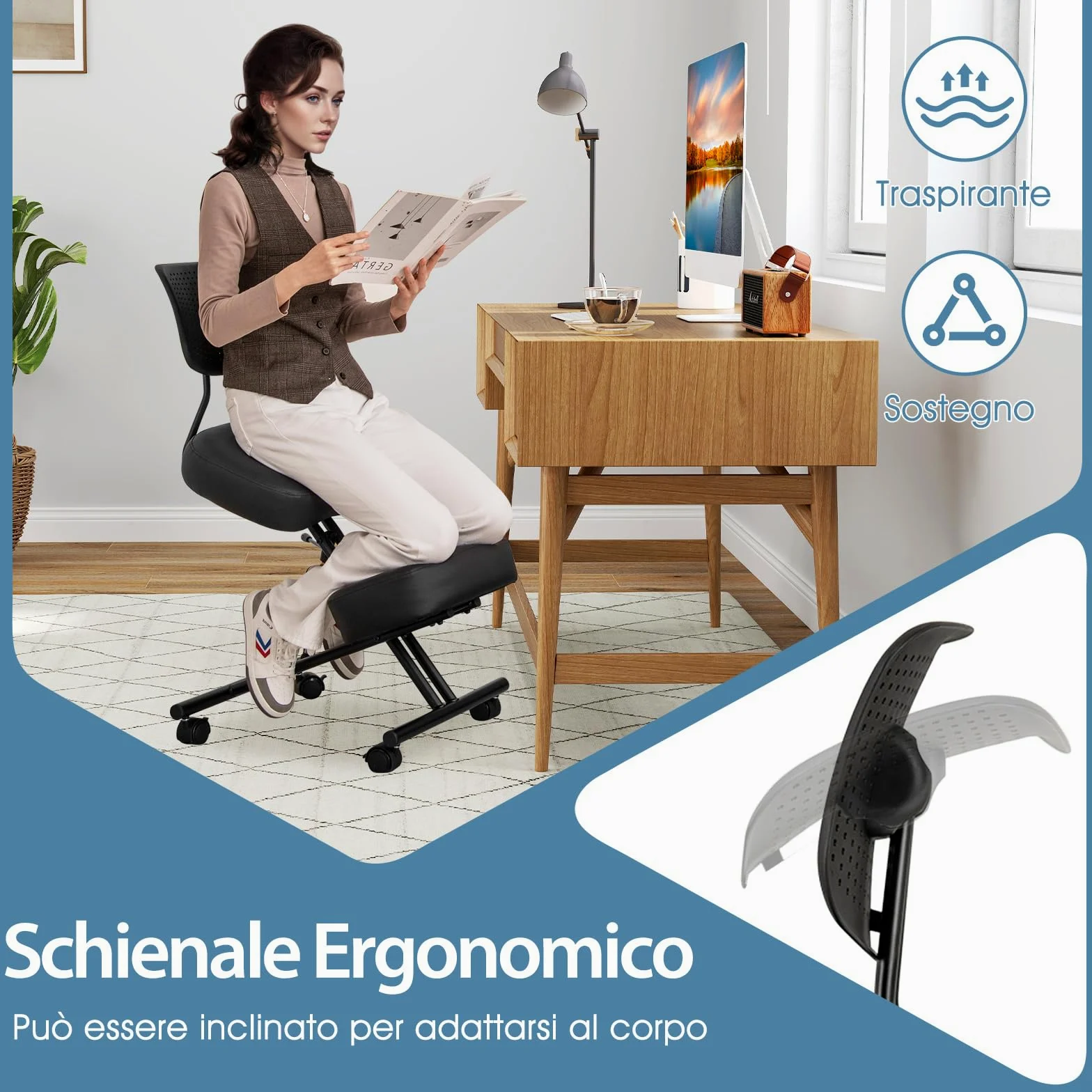 COSTWAY Sedia Ergonomica Inginocchiata con Schienale e Ruote, Sedia da Ginocchio Regolabile Posturale Struttura in Metallo, Sgabello Ergonomica per Casa e Ufficio (con Schienale)