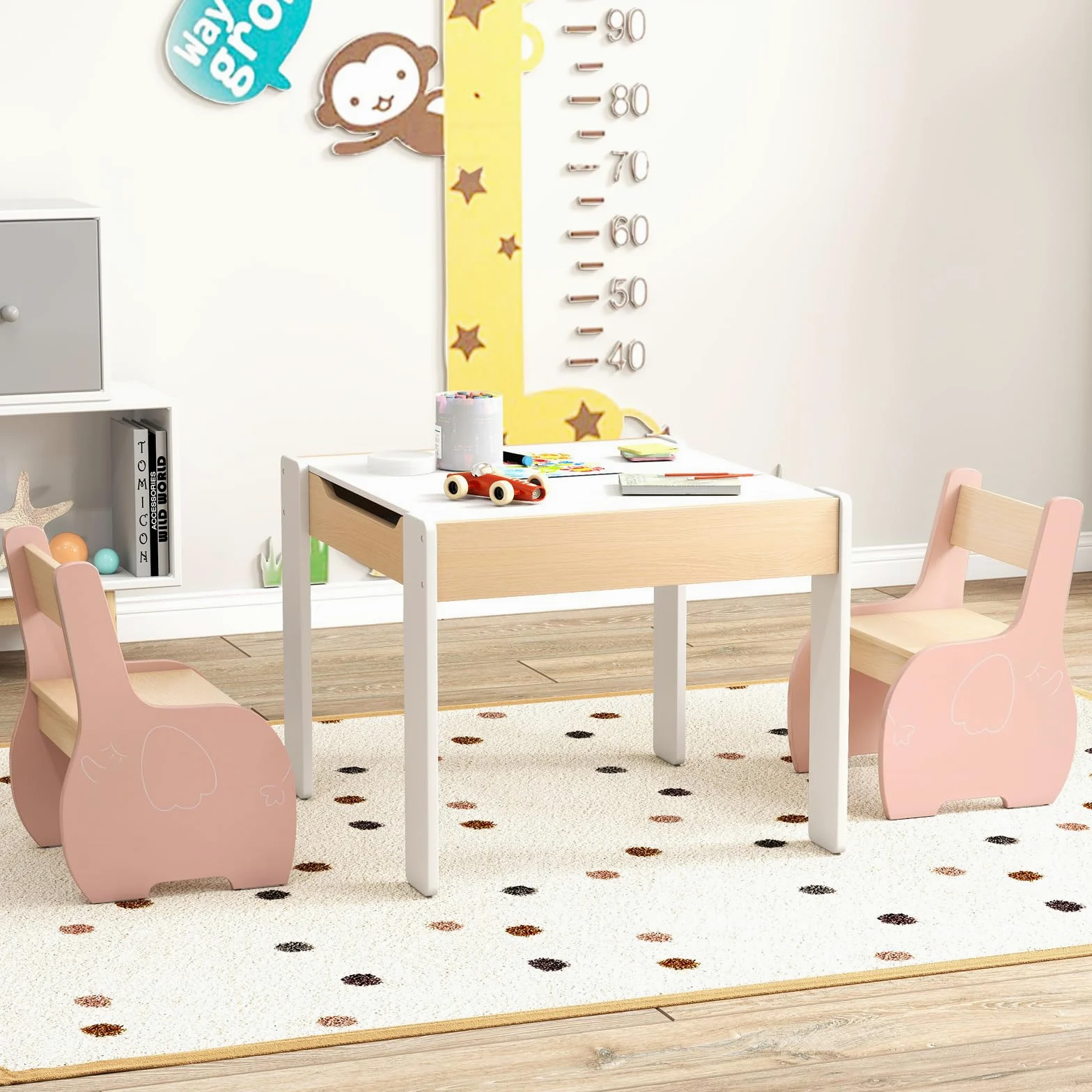 COSTWAY 3 in 1 Set Tavolo e Sedie per Bambini, Tavolo da Attività per Bambini con 2 Sedie, Lavagna Rimovibile e Deposito, per Giocare, Disegnare e Leggere, in Legno (Rosa)