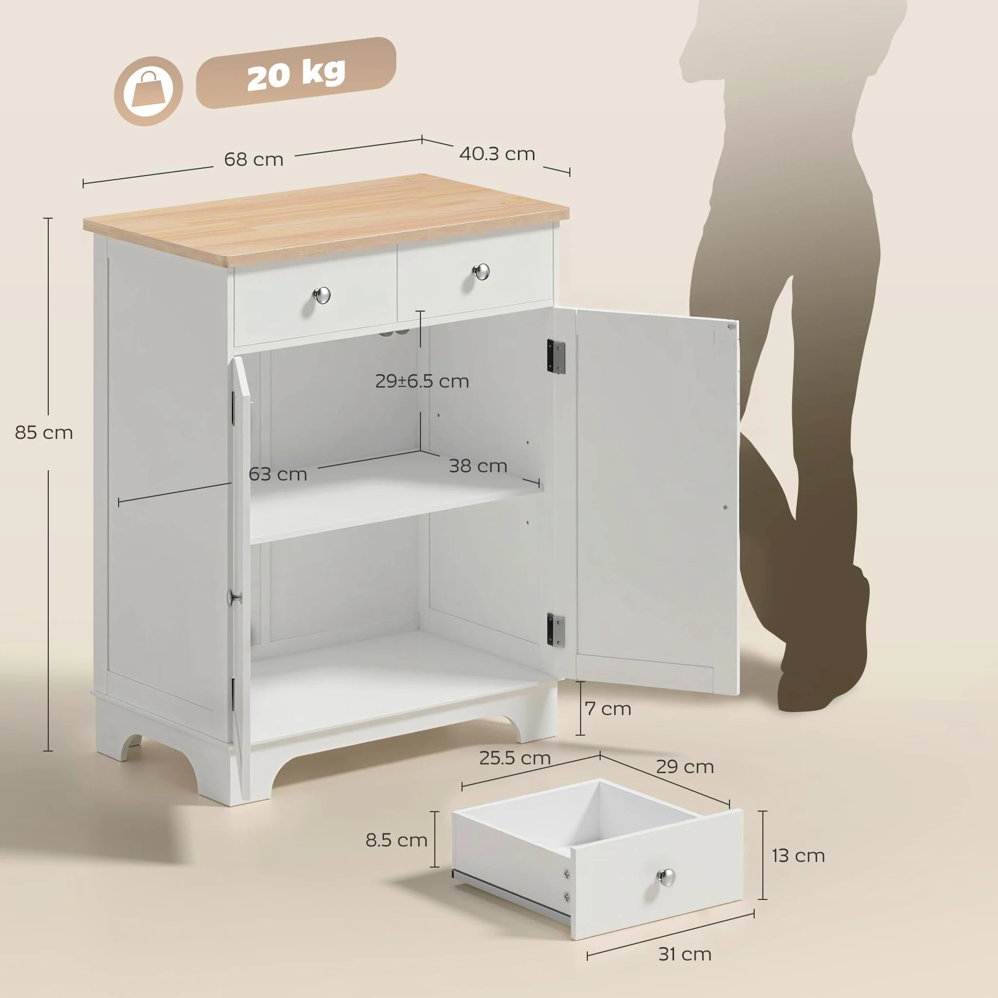 HOMCOM Credenza Soggiorno con 2 Cassetti e Armadietto con Ripiano Regolabile, Madia Soggiorno con Piano di Lavoro in Legno di Caucciù, per Ingresso, Cucina e Sala da Pranzo, Bianco