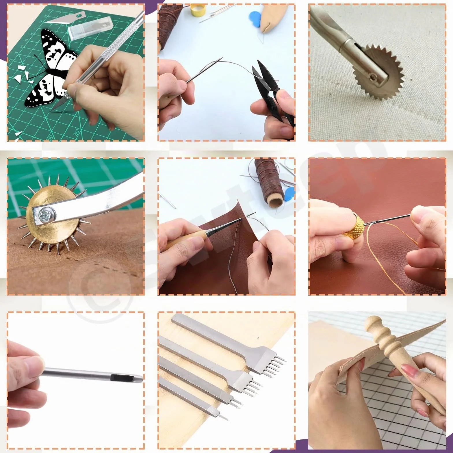 Swpeet Kit da 46 pezzi per artigianato in pelle, strumenti e forniture con punteruolo per scanalare filo cerato, punzonatrice, ruota da tracciamento, aghi da cucito e altro ancora