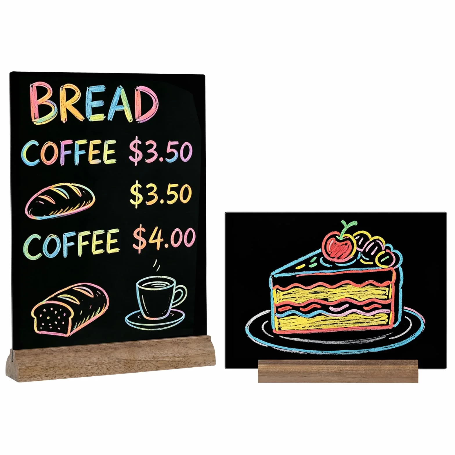4 Pezzi A4 Lavagna Doppia Faccia Acrilico con Supporto Legno, Lavagna Nera Porta Menu A4 Bancone Ristorante, 3mm Compatibile Gesso Liquido e Standard per Caffè Trattoria Osteria Bar Negozio