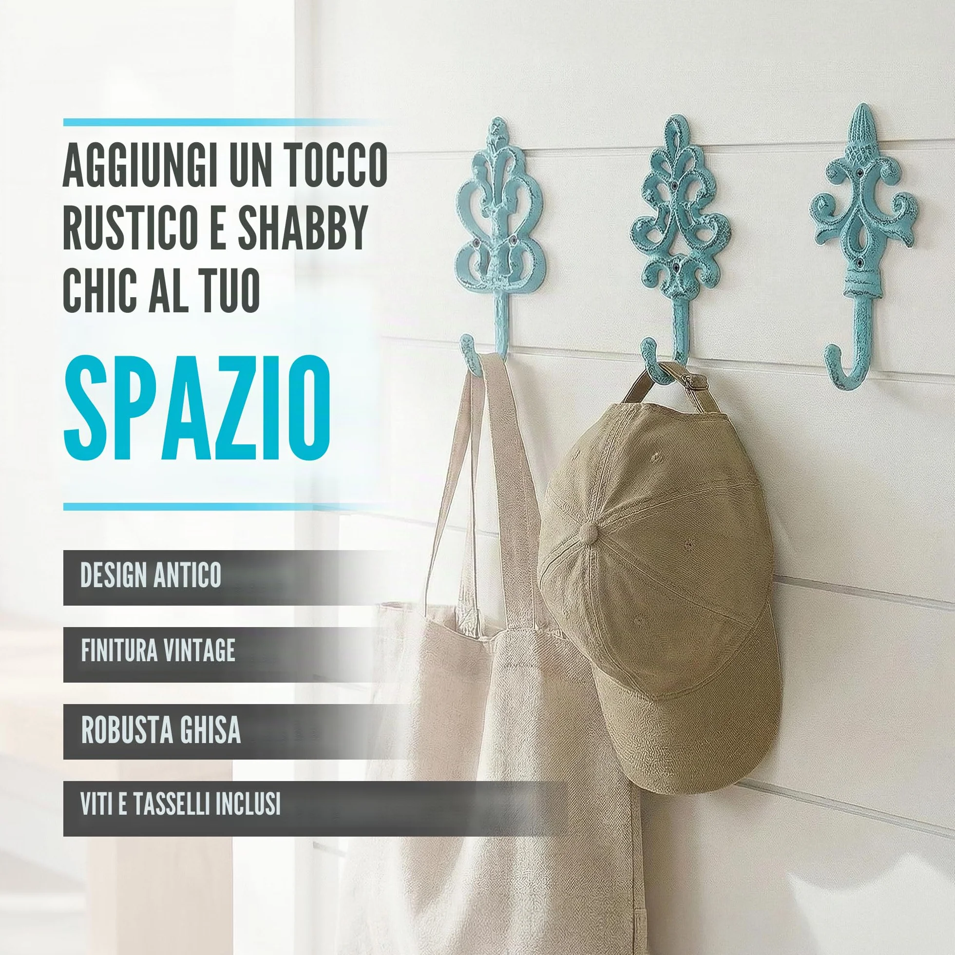 Comfify Ganci decorativi da parete in ghisa, stile rustico, set da 3, blu