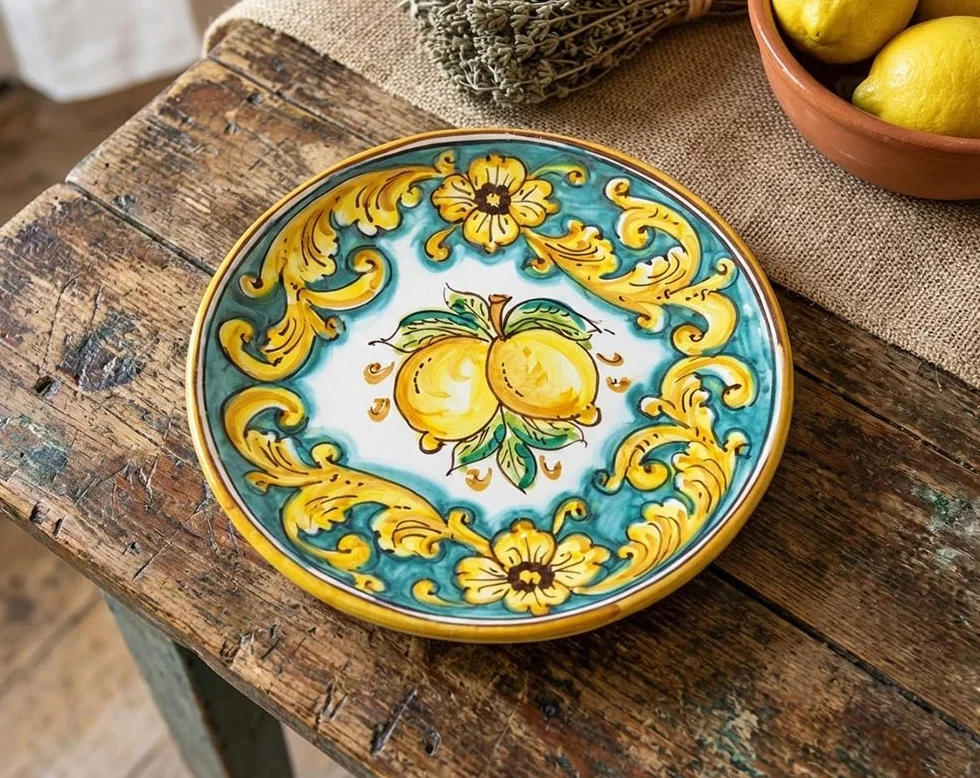 Piatto piccolo in ceramica siciliana giallo e verde di Santo Stefano di Camastra decorata a mano Limoni Art 14