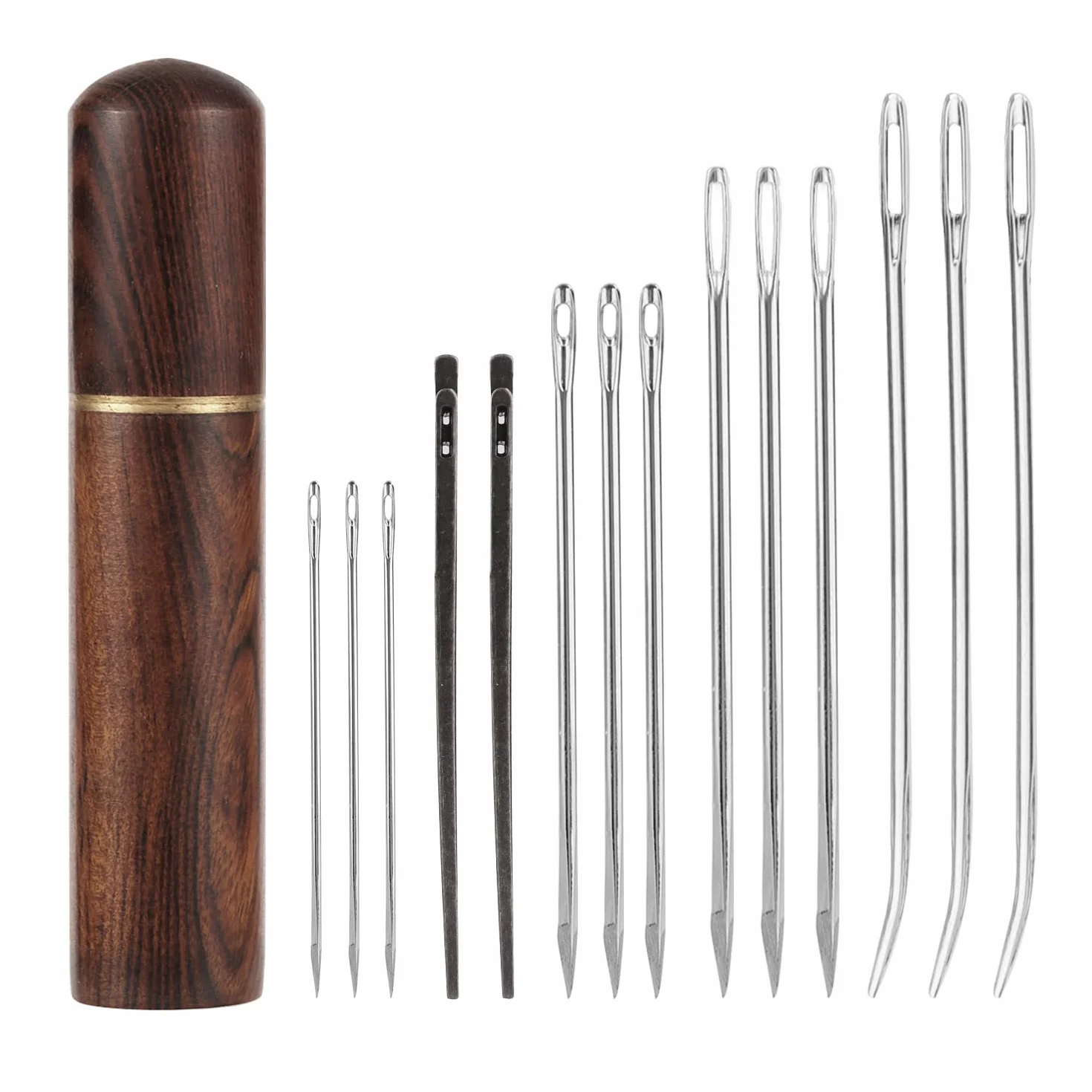 Aghi da Cucito per Pelle 15pz Kit Acciaio Cruna Grande Piegato Resistente Custodia Legno Artigianato