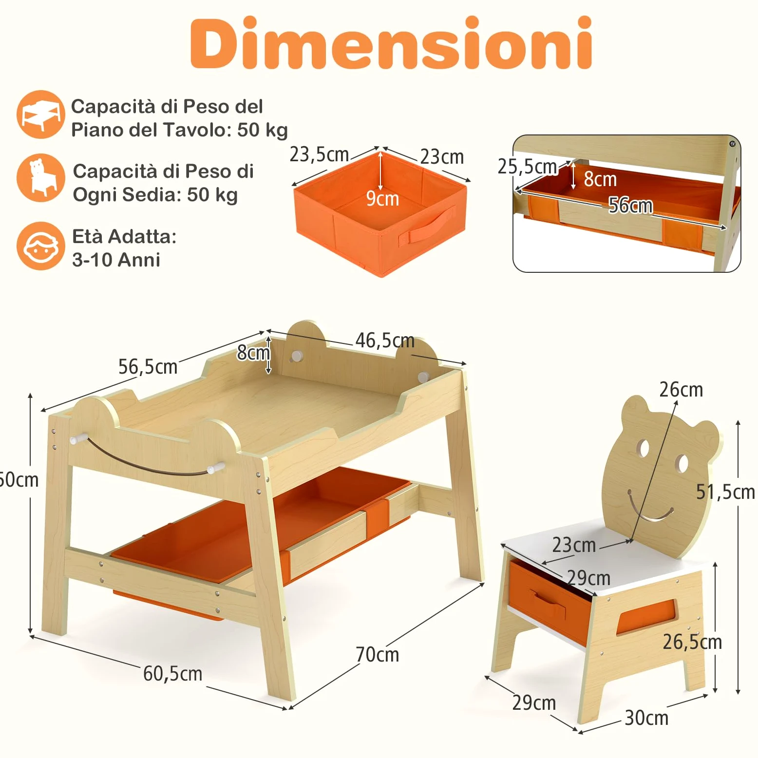 COSTWAY Set Tavolo e 2 Sedie per Bambini, 5 in 1 Tavolino e Sedie con 4 Ganci, 3 Scatole in Tessuto e Lavagna Reversibile per Bambini 3+ Anni per Cameretta Ragazzi (Naturale, Stile 5)