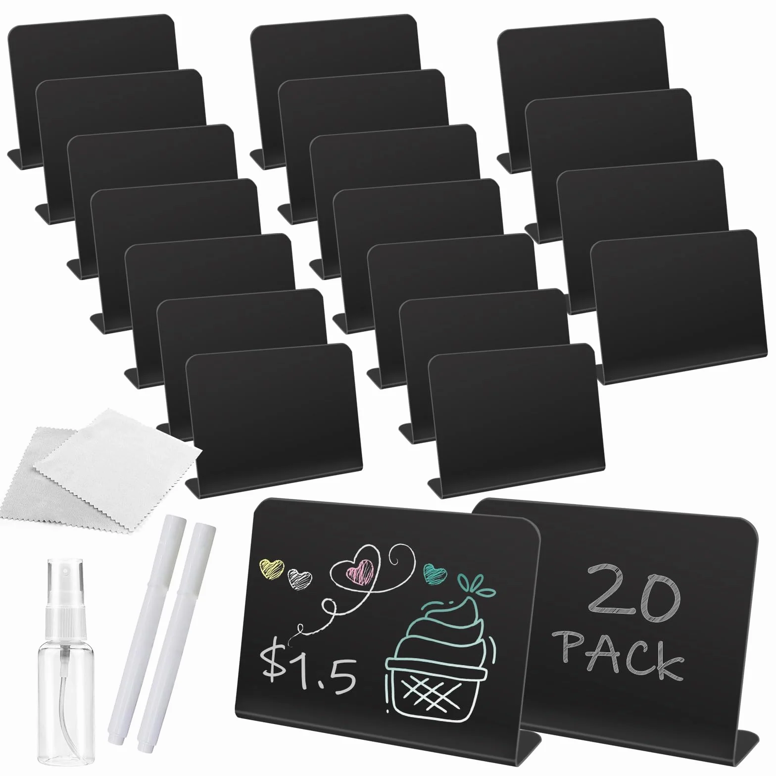 20pz Lavagnette Piccole da Tavolo Mini Lavagnette Segnaposto Cartellini Neri per Prezzi Plastica Lavagna Piccola con 2 Gesso Mini Lavagnette Cancellabili per Buffet Pasticcerie Matrimoni Feste