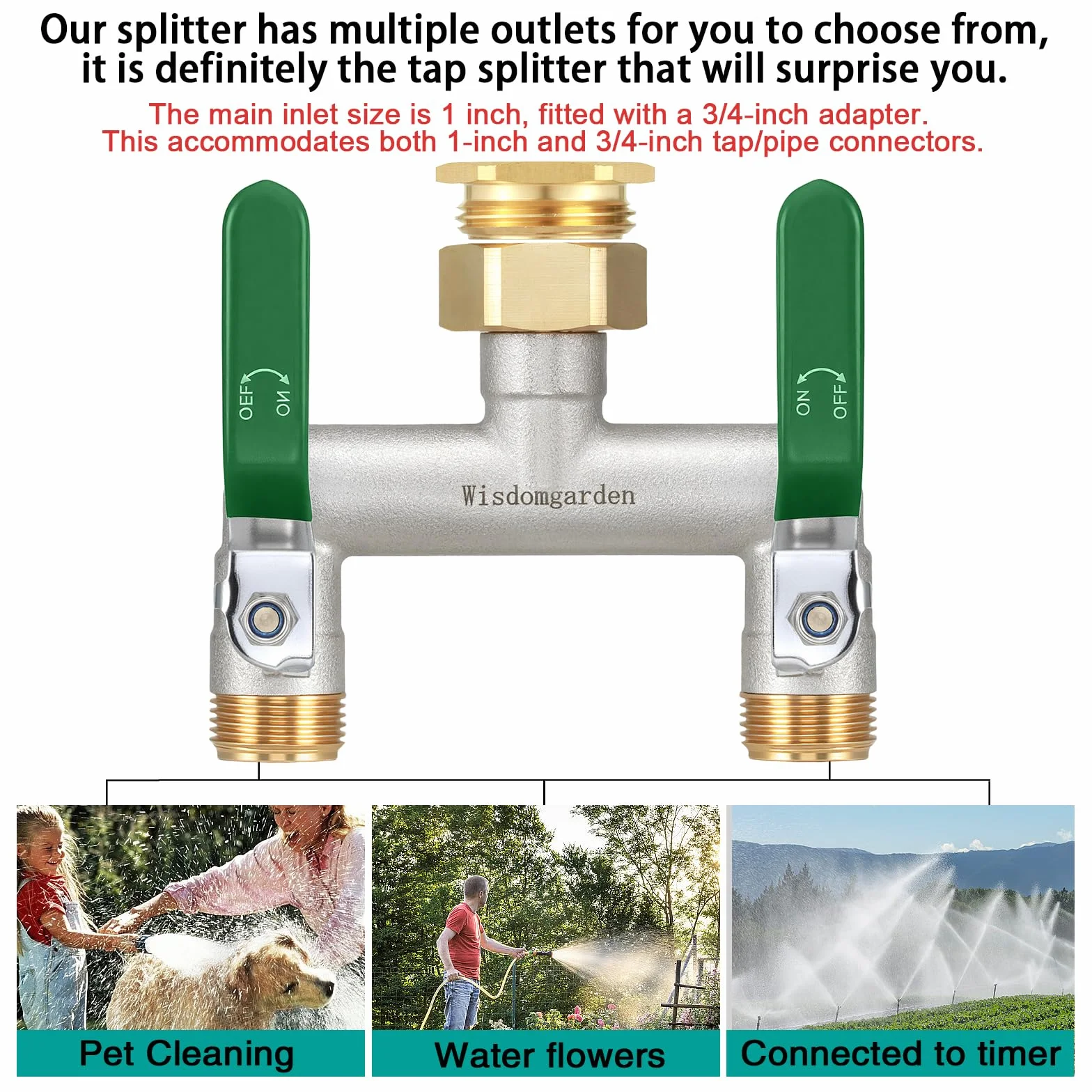 Distributore d'acqua 2 vie in ottone nichelato 3/4 pollice ad alta portata per rubinetto da giardino