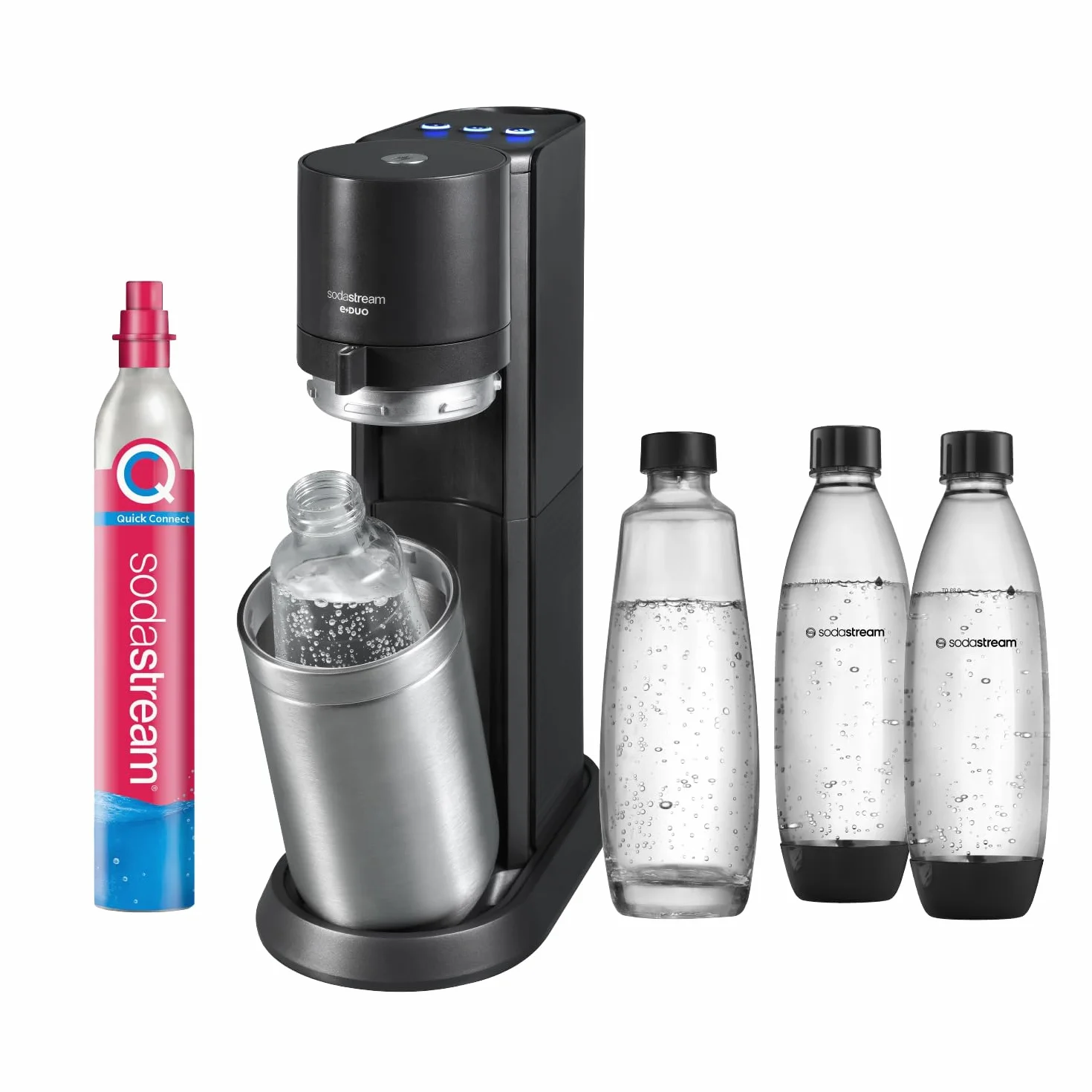 SodaStream E-Duo, spruzzatore elettrico con cilindro CO2, bottiglia di vetro e 2 bottiglie di plastica lavabili in lavastoviglie, altezza: 44 cm, colore: titanio