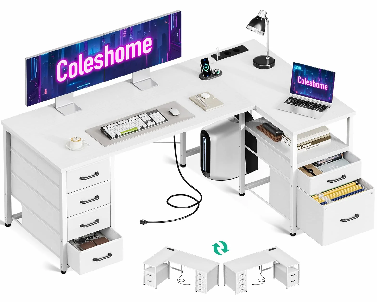 Coleshome Scrivania Angolare con Tessuto Cassetti, 140x80cm Reversibile Scrivania a l con Cassetto Portadocumenti, Scrivania per Computer con Porta di Ricarica USB e Presa di Corrente, Bianco
