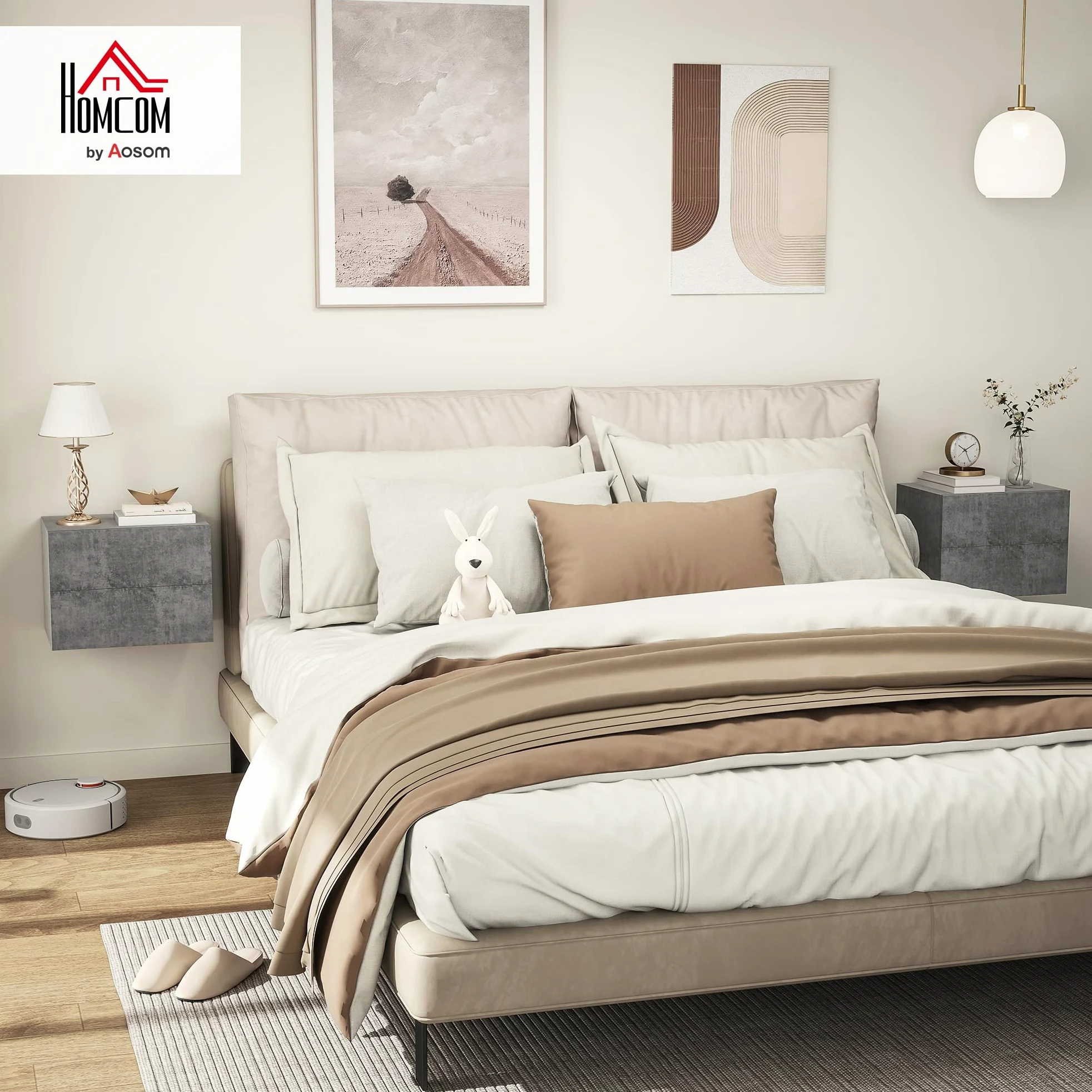 HOMCOM Set di 2 Comodini Sospesi con 2 Cassetti 40x29x30 cm Grigio Cemento | Comodini Camera da Letto, Tavolini Salvaspazio da Salotto