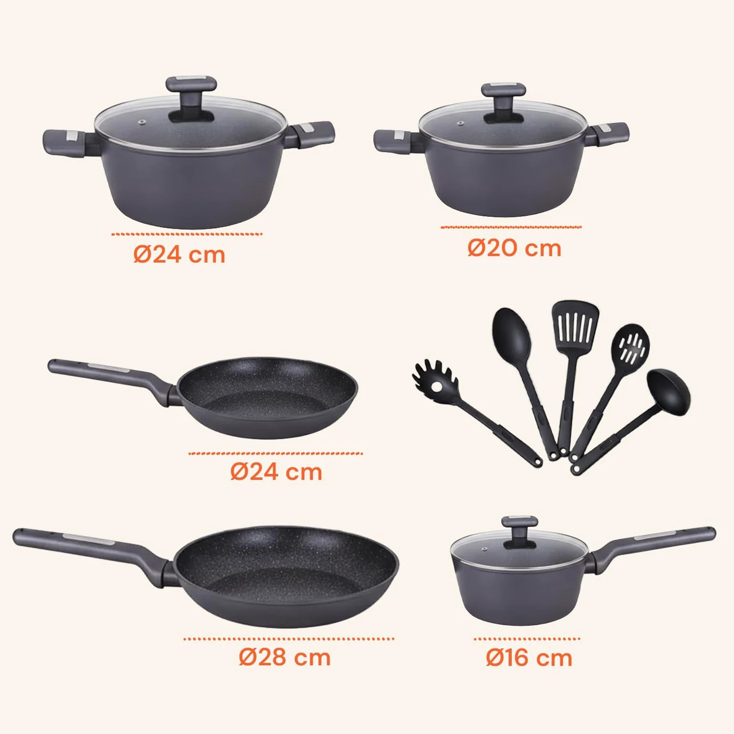 Wintem – Batteria Pentole e Padelle 13 Pezzi Antiaderenti per Cucina Moderna e Tradizionale Compatibile con Piano a Induzione, Rivestimento in Alluminio, Coperchi in Vetro e Manici Ergonomici