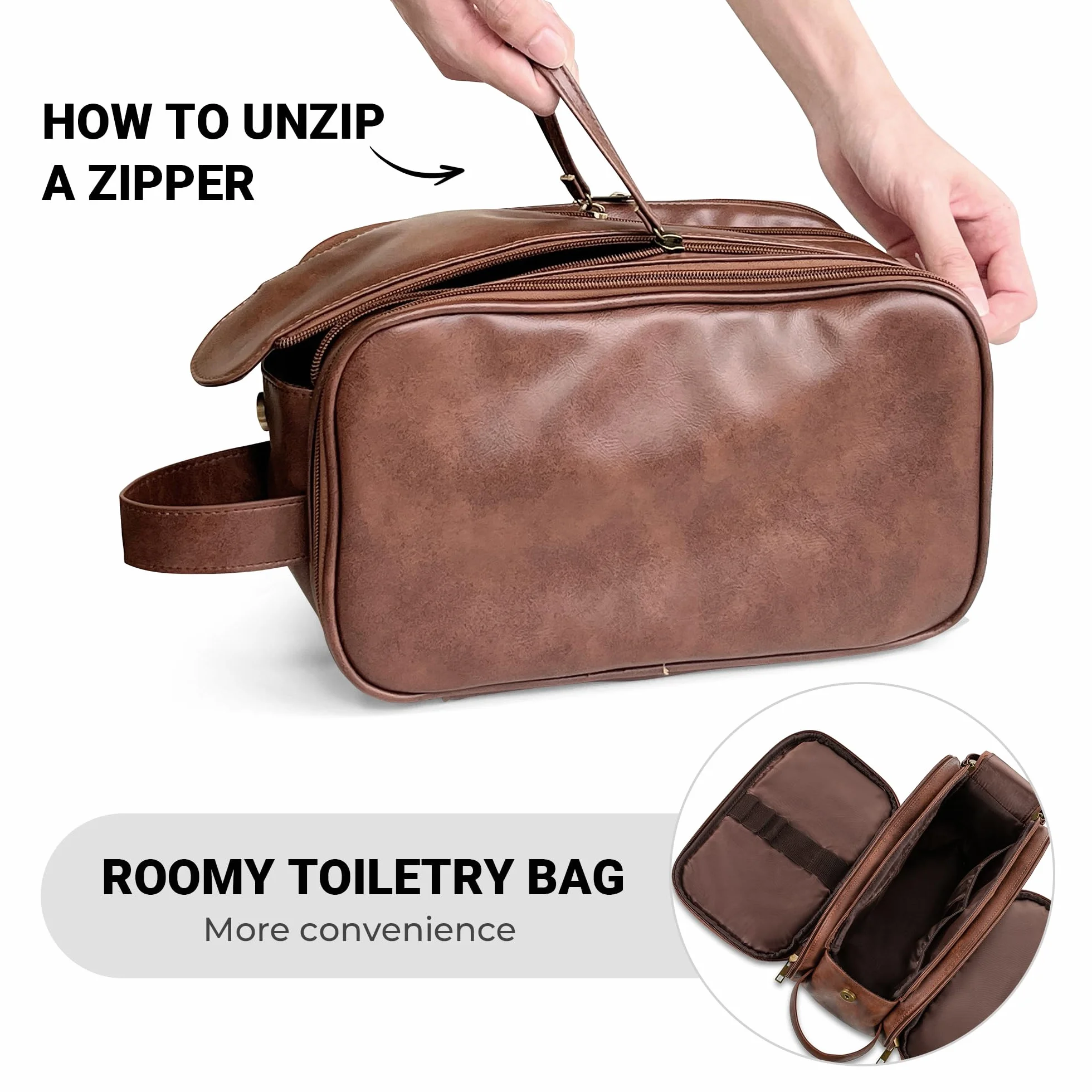 Elviros Borsa da Toilette Uomo Impermeabile in PU, Beauty Case Grande per Viaggio con Organizzatore, Borsa Igiene Personale per Palestra e Lavoro, Marrone scuro, 24 * 14 * 14cm